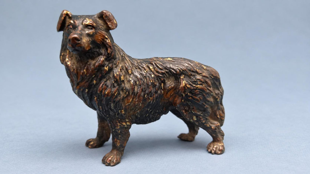 Vintage Cold-Painted Metal Dog Figure in the Viennese Tradition, Long-Coated Dog Turning Its Head, Attributed Late 19th–Early 20th Century