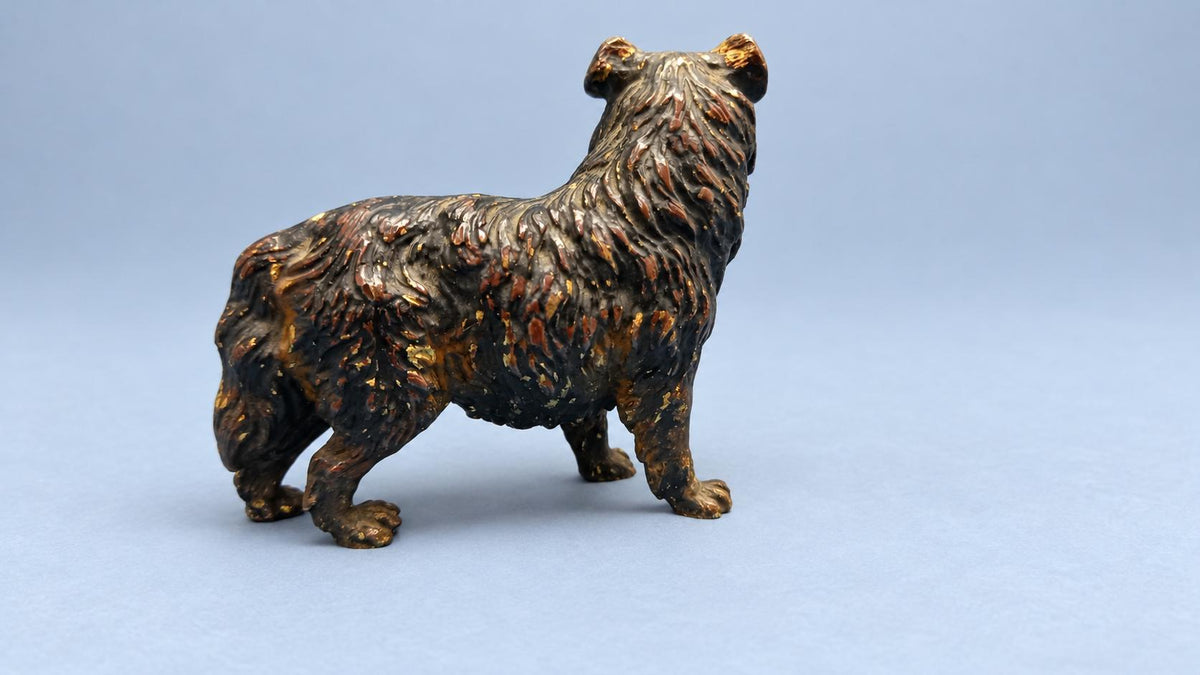 Vintage Cold-Painted Metal Dog Figure in the Viennese Tradition, Long-Coated Dog Turning Its Head, Attributed Late 19th–Early 20th Century