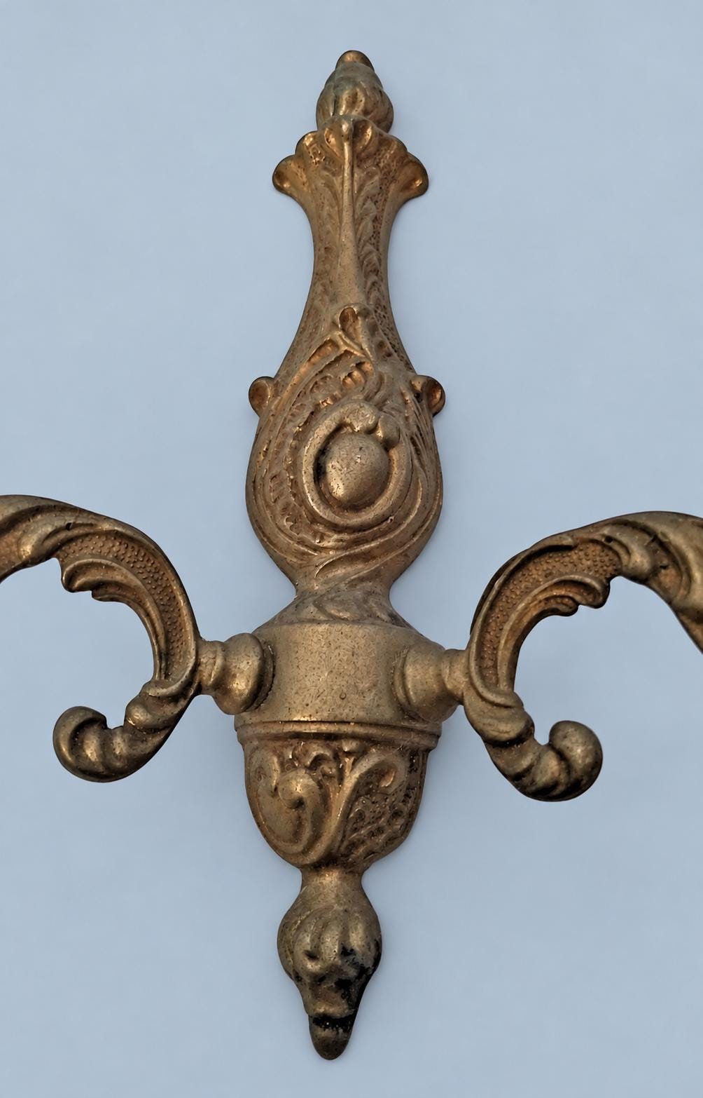 Vintage Pair of Louis XV Style Wall Sconces, Patinated Metal Acanthus Scroll Arms with Cartouche Backplates, Two Lights Each, 29 cm