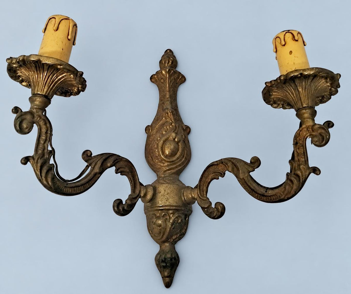 Vintage Pair of Louis XV Style Wall Sconces, Patinated Metal Acanthus Scroll Arms with Cartouche Backplates, Two Lights Each, 29 cm