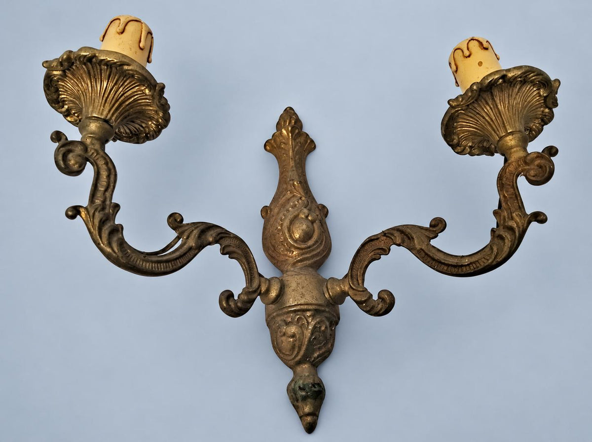 Vintage Pair of Louis XV Style Wall Sconces, Patinated Metal Acanthus Scroll Arms with Cartouche Backplates, Two Lights Each, 29 cm