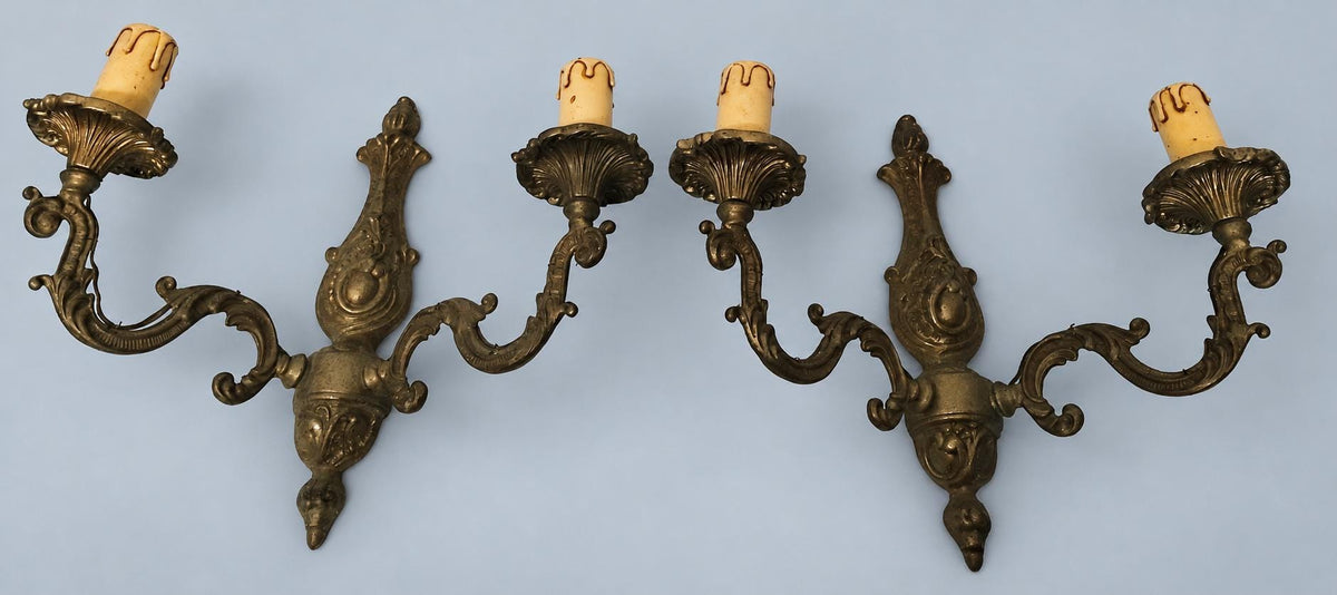 Vintage Pair of Louis XV Style Wall Sconces, Patinated Metal Acanthus Scroll Arms with Cartouche Backplates, Two Lights Each, 29 cm