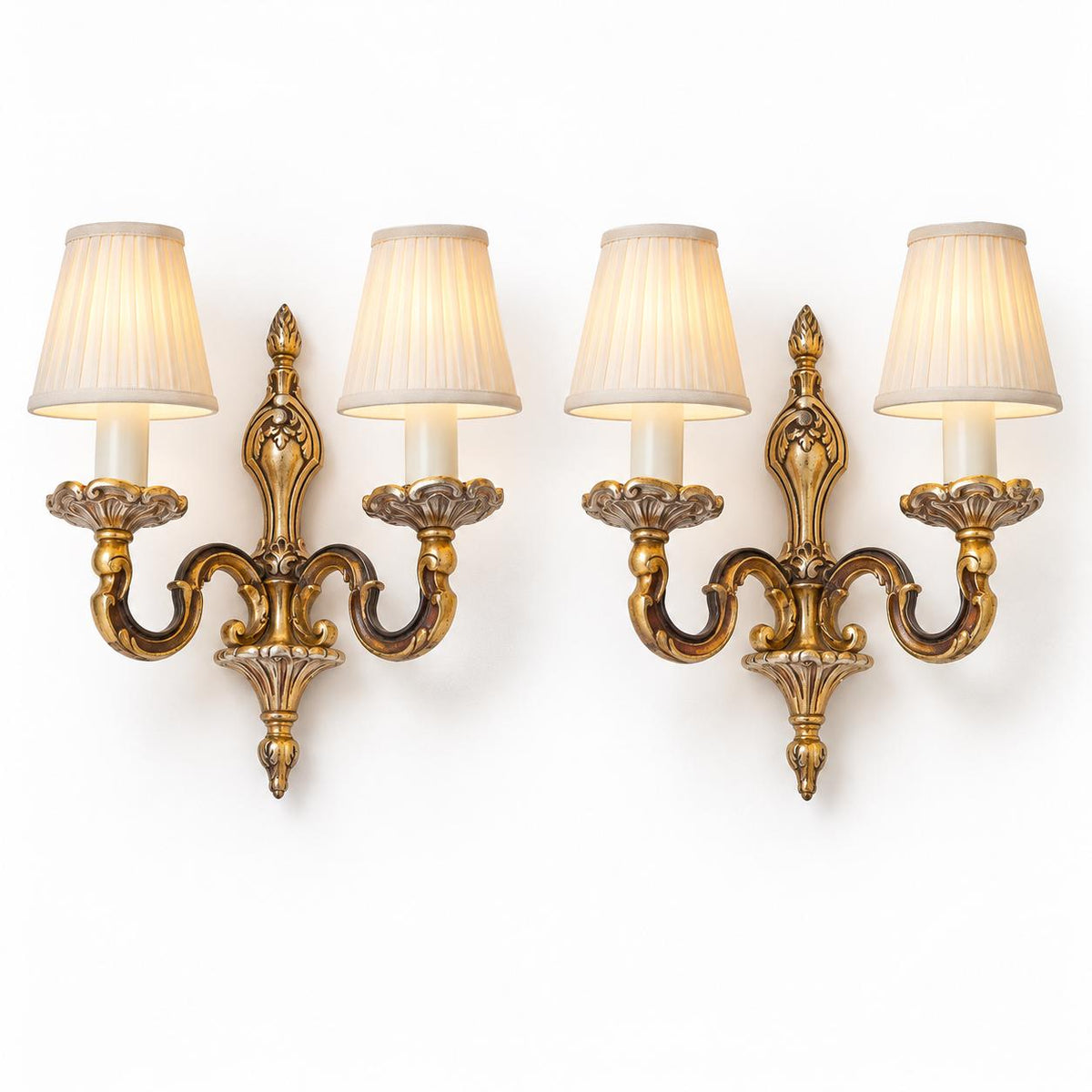 Vintage Pair of Louis XV Rocaille Style Gilt Metal Wall Sconces, Scrolls and Foliage, Two Candle Lights Each, 26 cm