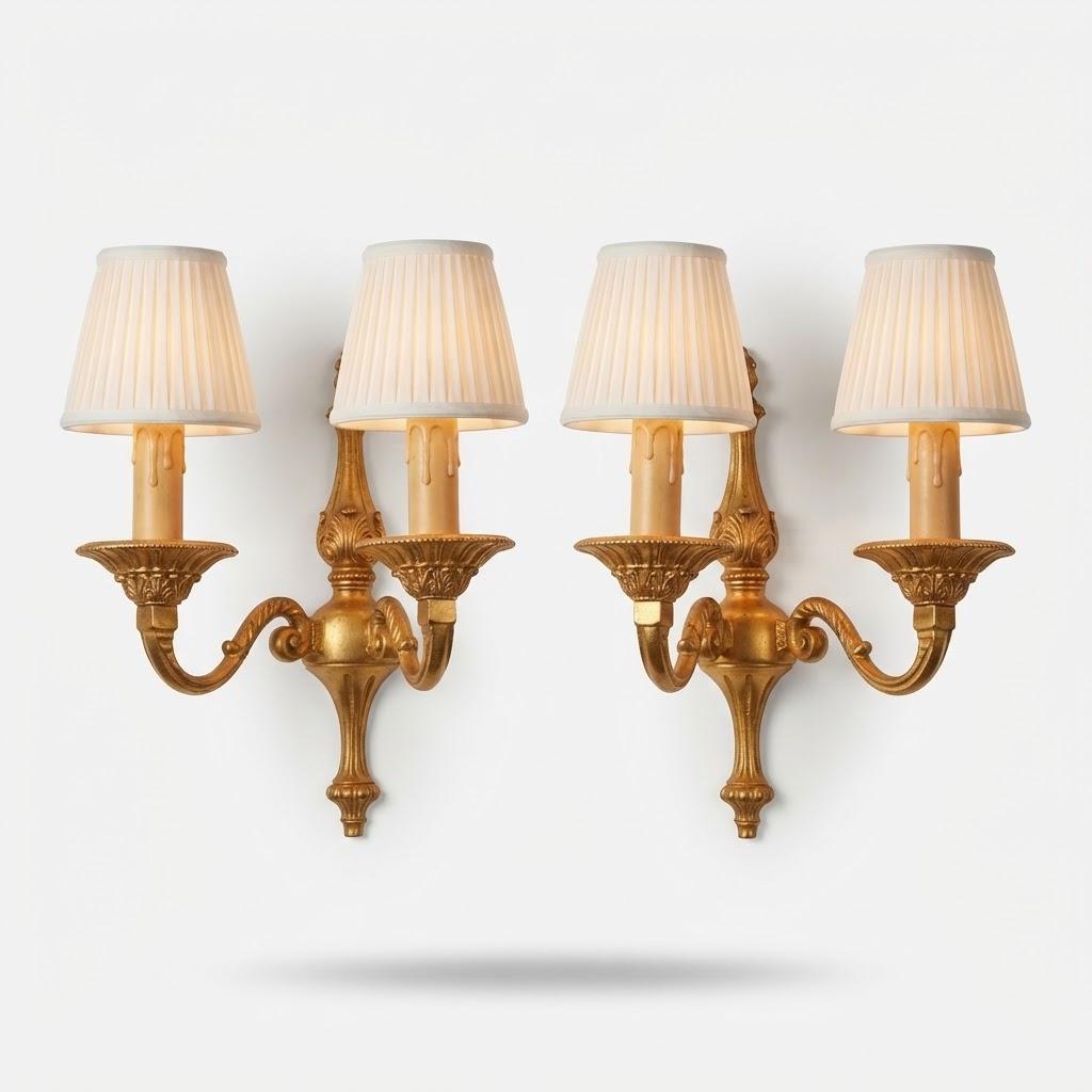 Vintage Pair of Louis XVI Style Brass Wall Sconces, Urn Body with Fluted Bobèches, Two Candle Lights Each, 24 cm