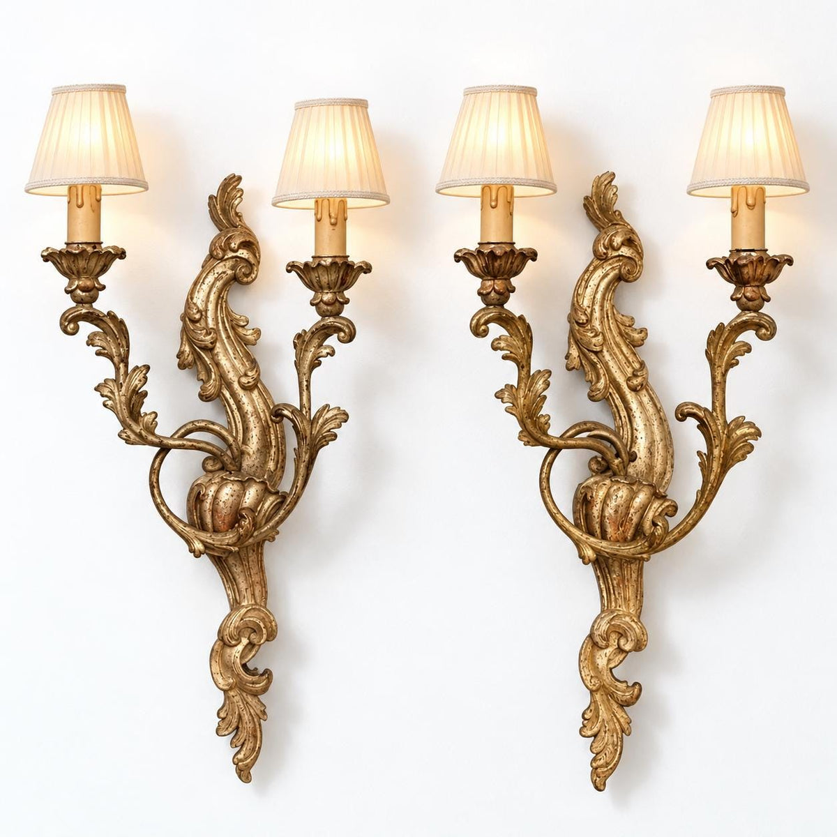 Vintage Pair of Louis XV Rocaille Style Carved Giltwood Wall Sconces, Two Candle Lights Each, 48 cm