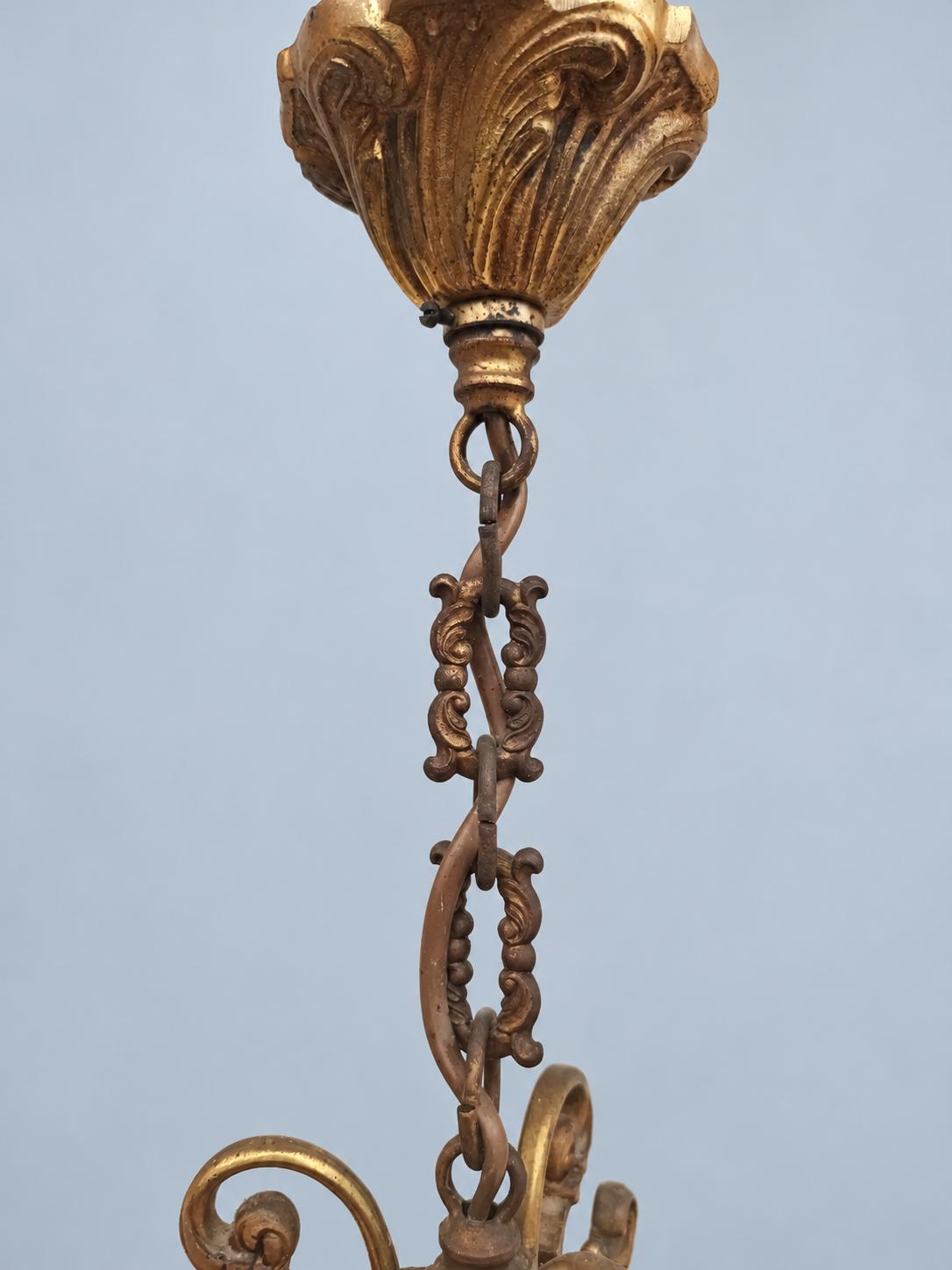 Vintage Hall Lantern, Attributed 1960s–70s, Gilt Metal Cylinder with Curved Glass, Reeded Uprights and Acorn Drops, Two Lights, 30 cm