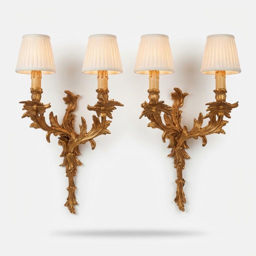 Vintage Pair of Louis XV Rocaille Style Gilt Metal Wall Sconces, Leafy Scrolls with Flower Bobèches, Two Candle Lights Each, 44 cm