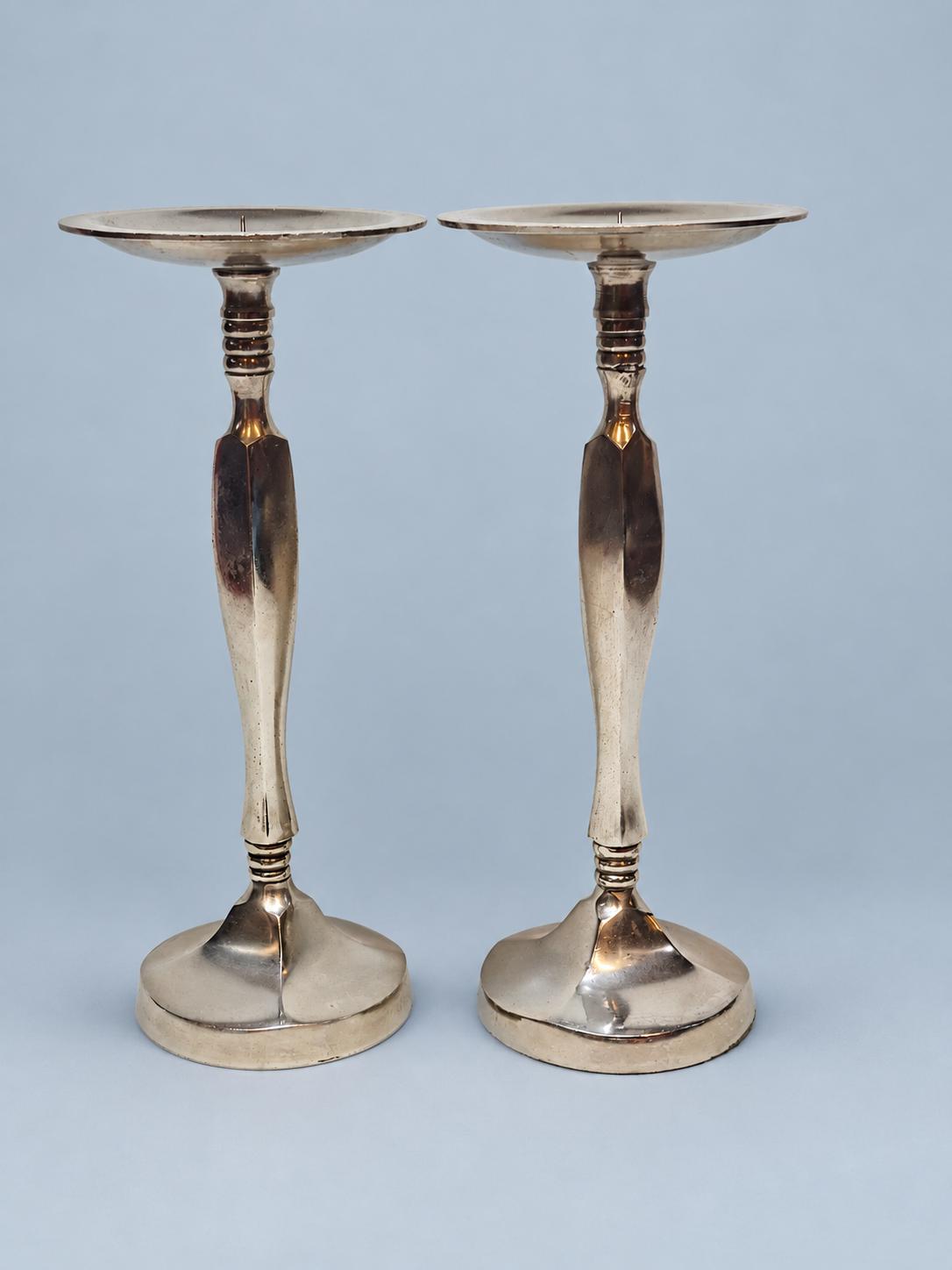 Vintage Pair of Tall Pricket Candlesticks, Silver-Tone Metal with Faceted Columns and Ringed Collars, Pillar Candle Holders, 28 cm