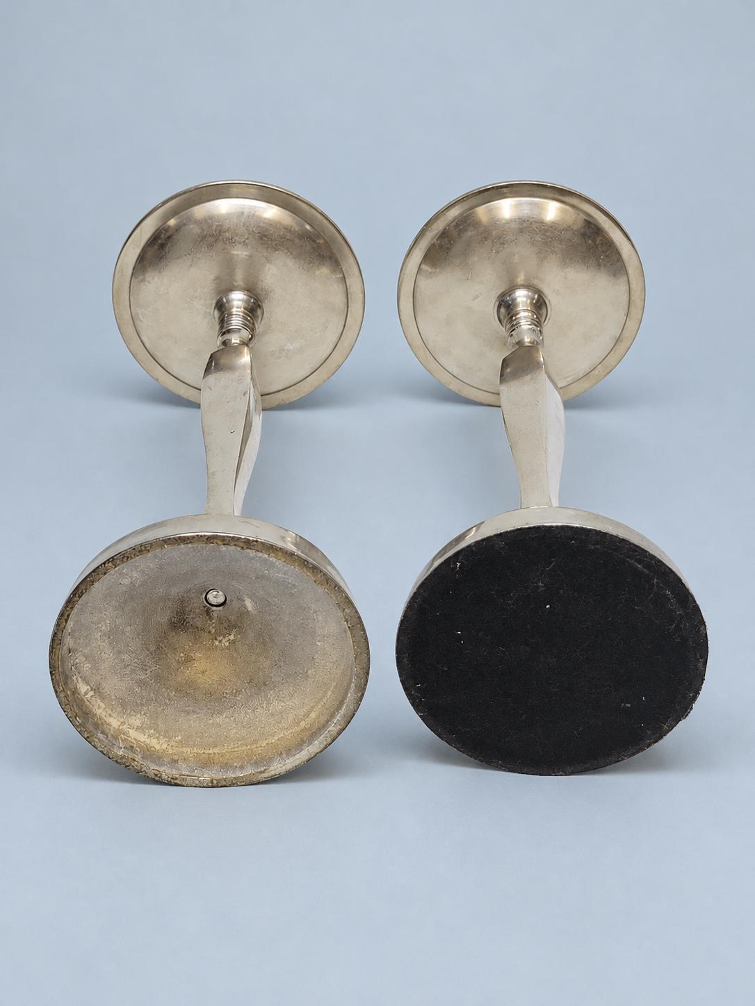 Vintage Pair of Tall Pricket Candlesticks, Silver-Tone Metal with Faceted Columns and Ringed Collars, Pillar Candle Holders, 28 cm