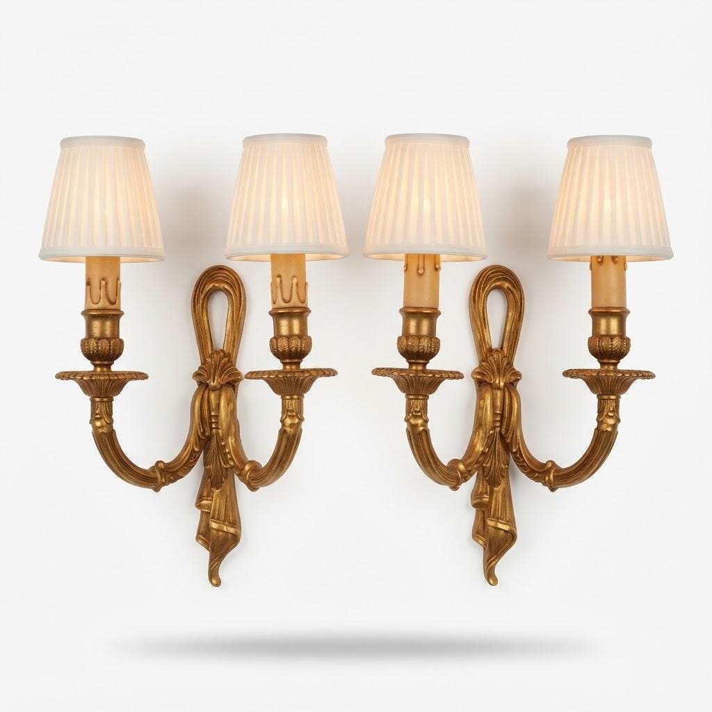 Pair of Vintage Louis XVI Style Wall Sconces, Open Loop Backplates, Ribbon Relief, Marked Bronze