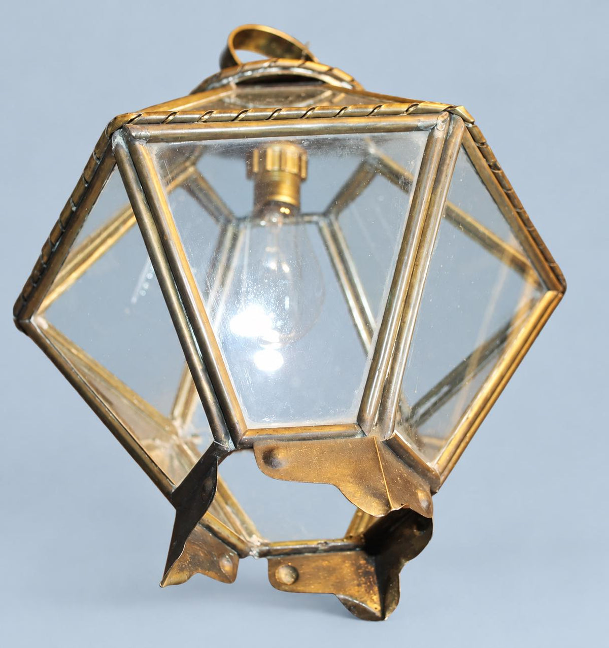 Vintage Small Hexagonal Brass Hall Lantern, Faceted Glass Diamond Shape with Rope-Twist Borders, Single Light, 32 cm