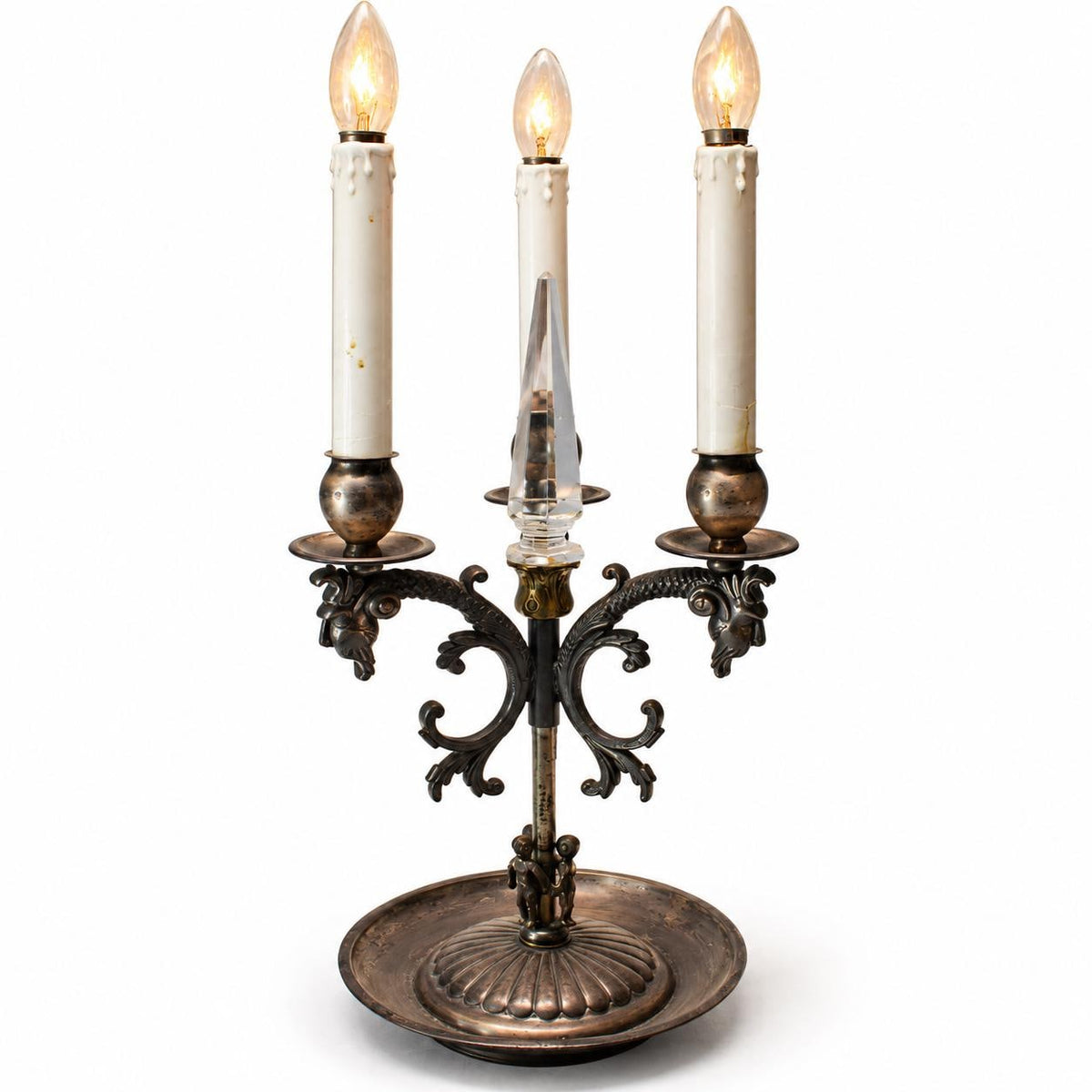 Vintage Three-Light Candelabrum Table Lamp, Silver-Tone Metal with Ram’s Head Scroll Arms, Faceted Glass Centre Spike, Gadrooned Dish Base