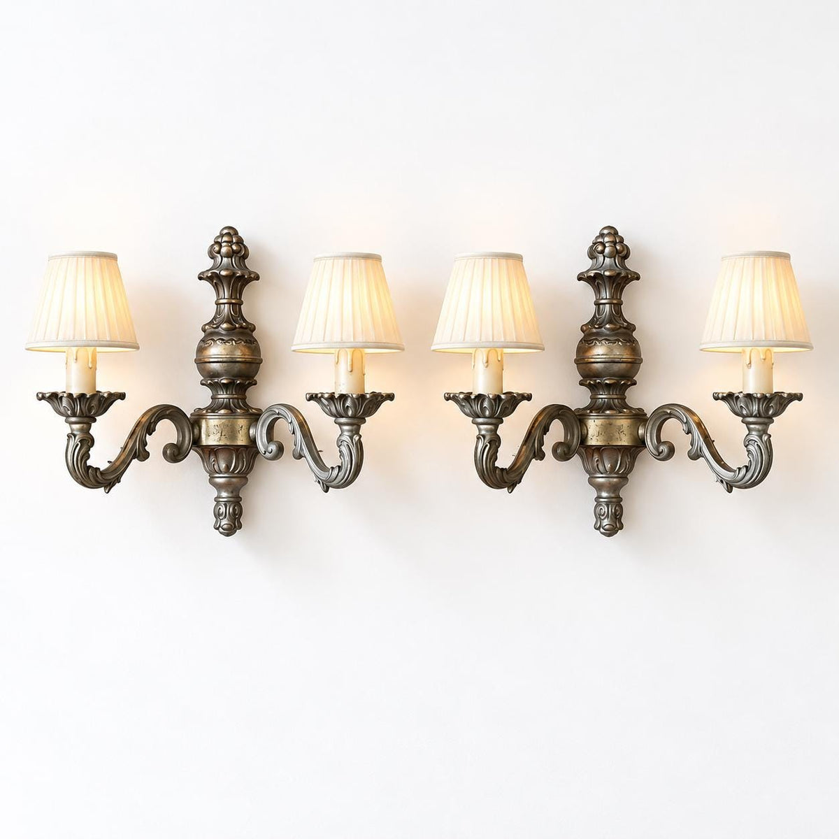 Vintage Pair of Baroque Style Wall Sconces, Dark Patinated Metal with Fruit Finial and Polished Waist Band, Two Candle Lights Each, 29 cm