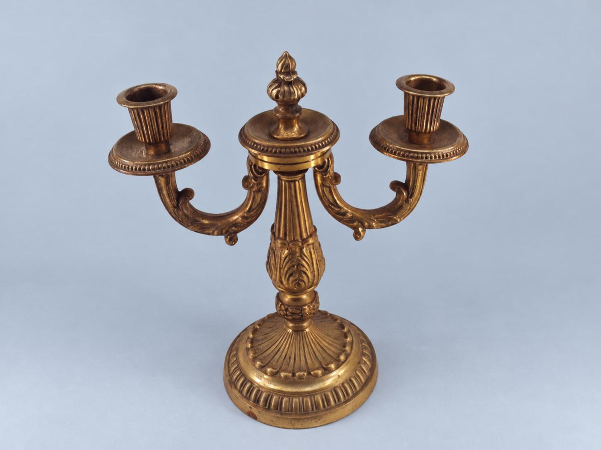 Vintage Pair of Louis XVI Style Two-Light Candelabra, Gold-Tone Metal with Flame Finials and Acanthus Stems, 25 cm