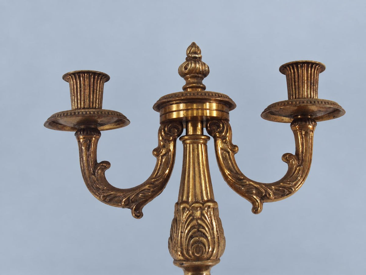 Vintage Pair of Louis XVI Style Two-Light Candelabra, Gold-Tone Metal with Flame Finials and Acanthus Stems, 25 cm