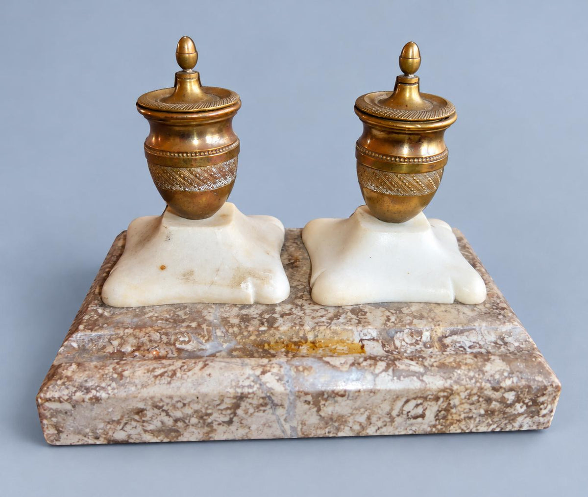 Vintage Empire Style Double Inkstand, Two Gilt Metal Urn Inkwells on Speckled Marble Base, Attributed 19th Century, 14 cm