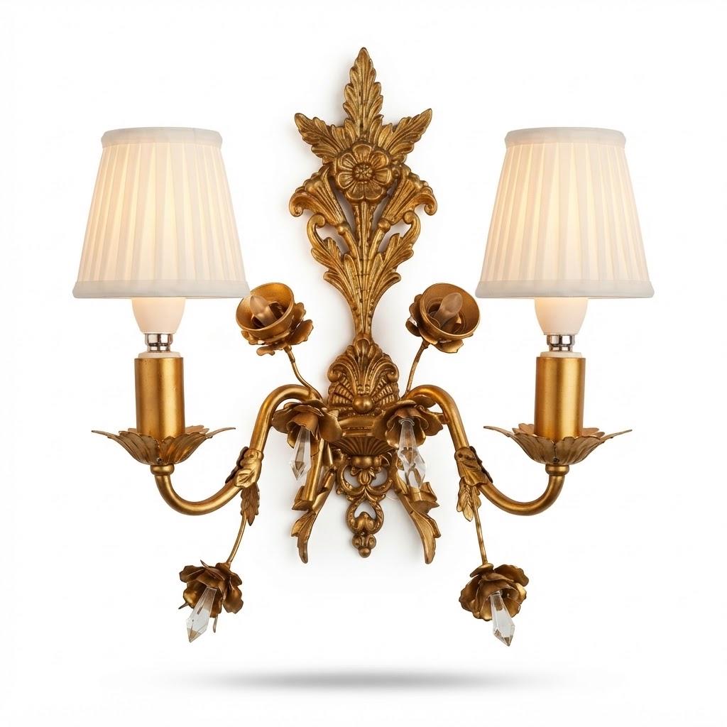 Vintage Florentine Style Gilt Metal Wall Sconce with Roses, Leaves and Faceted Glass Drops, Two Lights, 40 cm