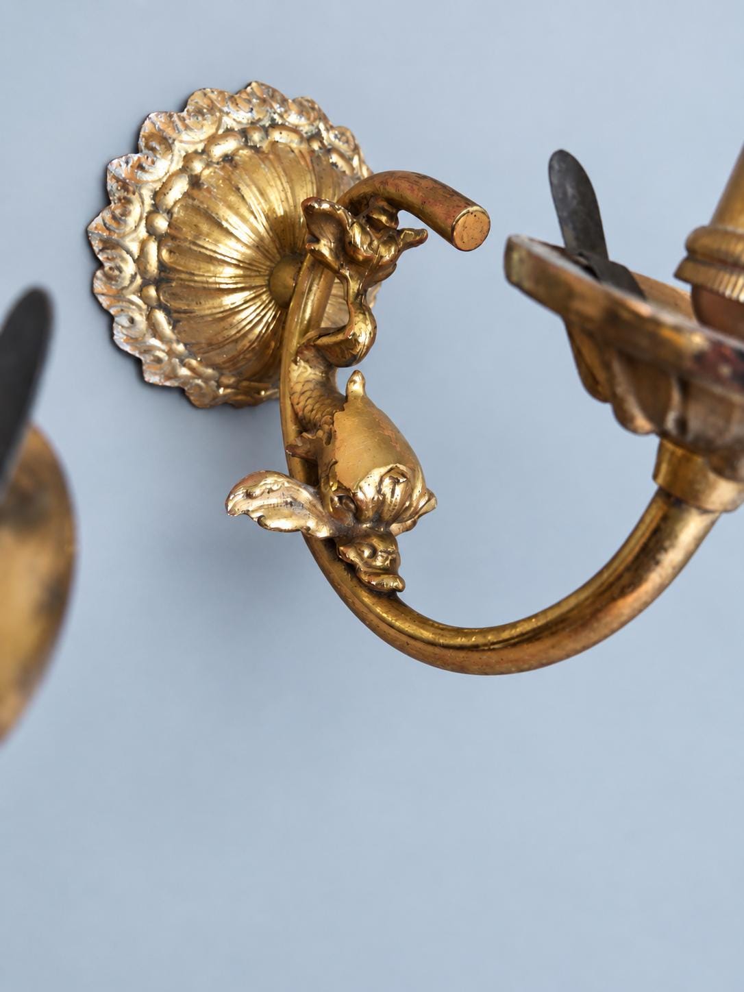 Vintage Pair of Gilt Metal Wall Sconces, Attributed 20th Century, Fluted Rosette Backplates and Leafy Arms, Shade-Holder Prongs