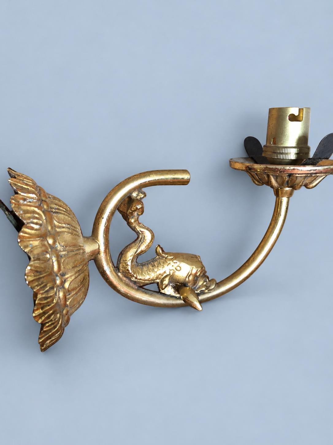Vintage Pair of Gilt Metal Wall Sconces, Attributed 20th Century, Fluted Rosette Backplates and Leafy Arms, Shade-Holder Prongs