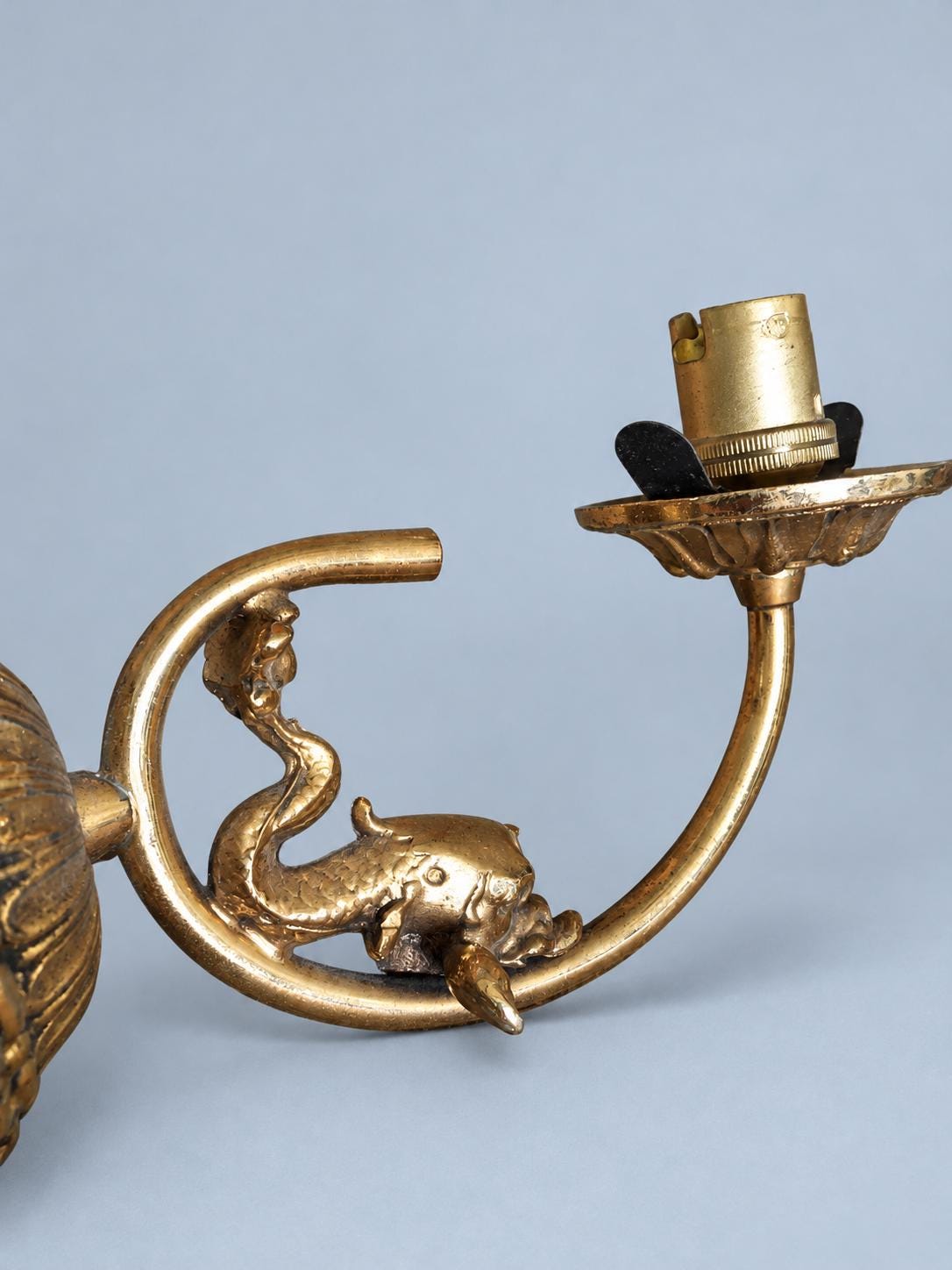 Vintage Pair of Gilt Metal Wall Sconces, Attributed 20th Century, Fluted Rosette Backplates and Leafy Arms, Shade-Holder Prongs