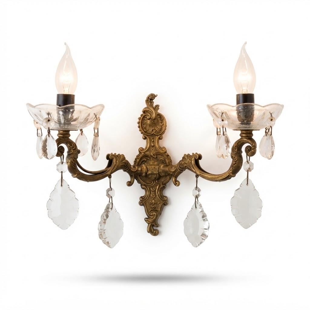 Vintage Brass Wall Sconce with Glass Bobèches and Faceted Glass Drops, Rococo Style Scrolled Backplate, Two Lights, 32 cm