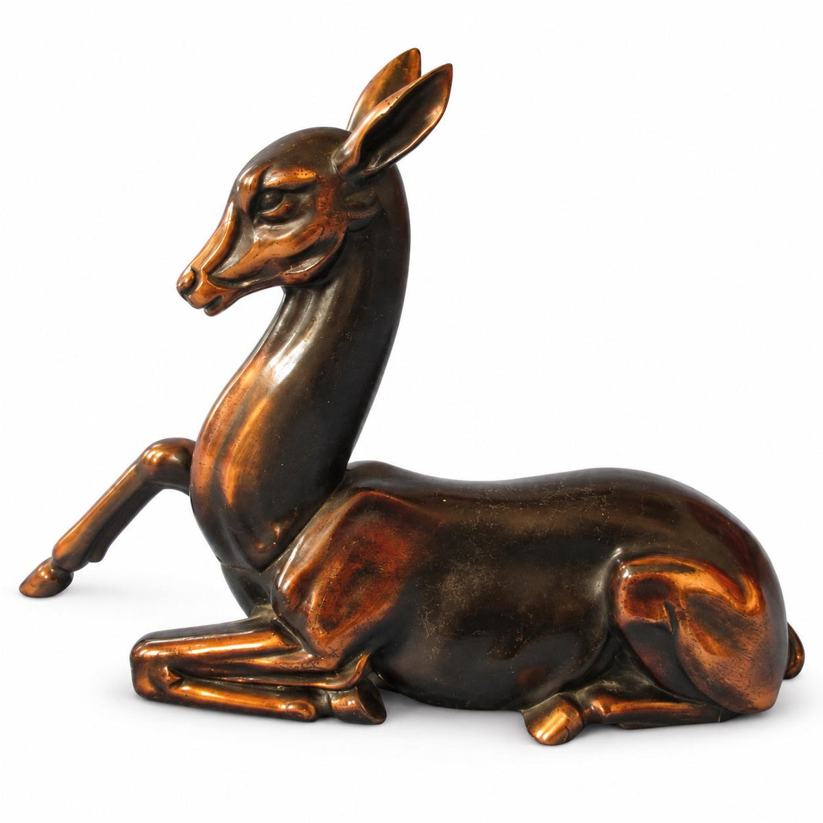 Vintage Art Deco Style Reclining Doe Statuette, Copper-Tone Metal, Stylized Deer Figure, 22 cm