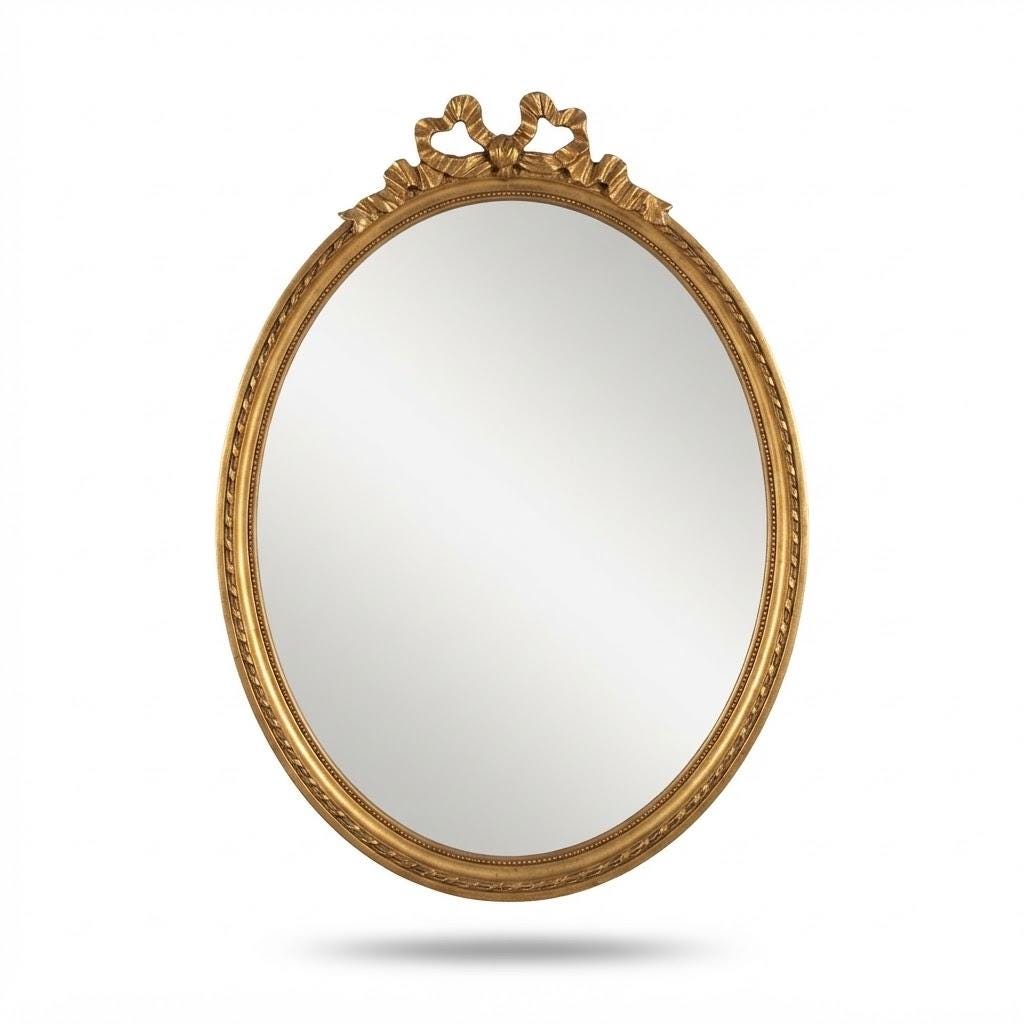 Vintage Oval Louis XVI Style Wall Mirror with Ribbon Bow Crest, Attributed 1960s, Gold-Tone Beaded Frame, 47 cm