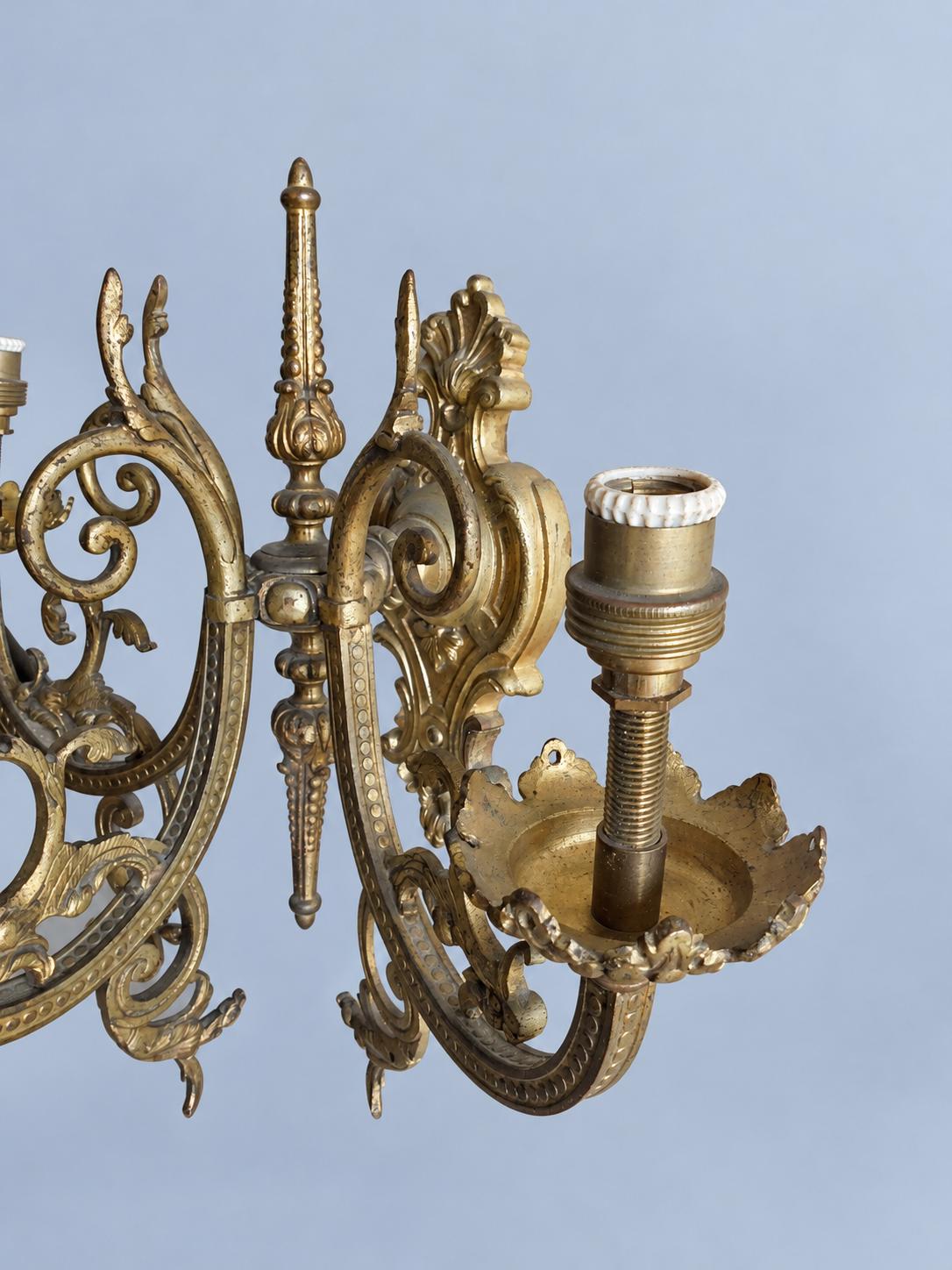 Vintage Pair of Three-Light Wall Sconces, Attributed Late 19th–Early 20th Century, Gilt Metal Beaded Arms with Chimera Brackets, 31 cm
