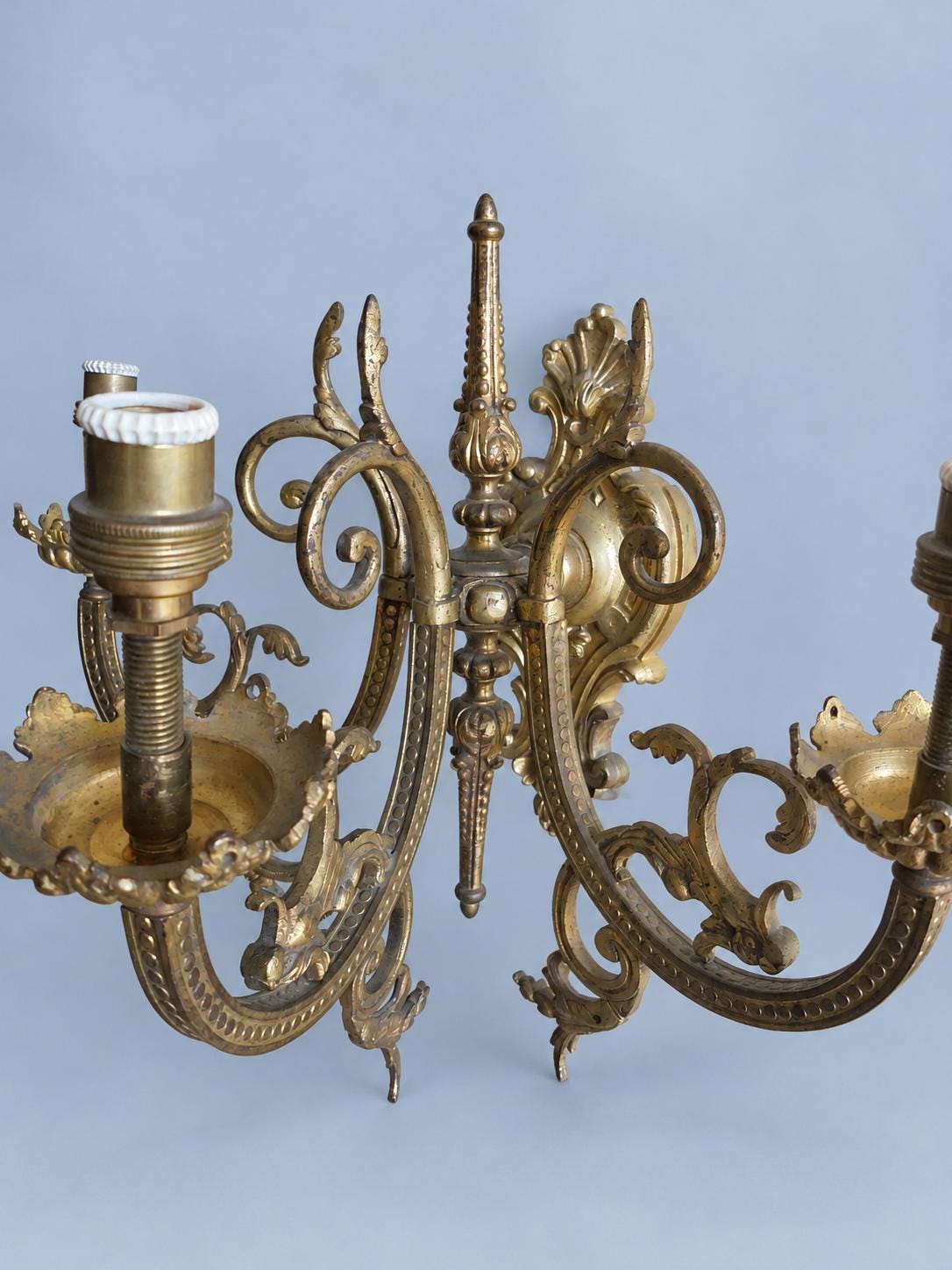 Vintage Pair of Three-Light Wall Sconces, Attributed Late 19th–Early 20th Century, Gilt Metal Beaded Arms with Chimera Brackets, 31 cm