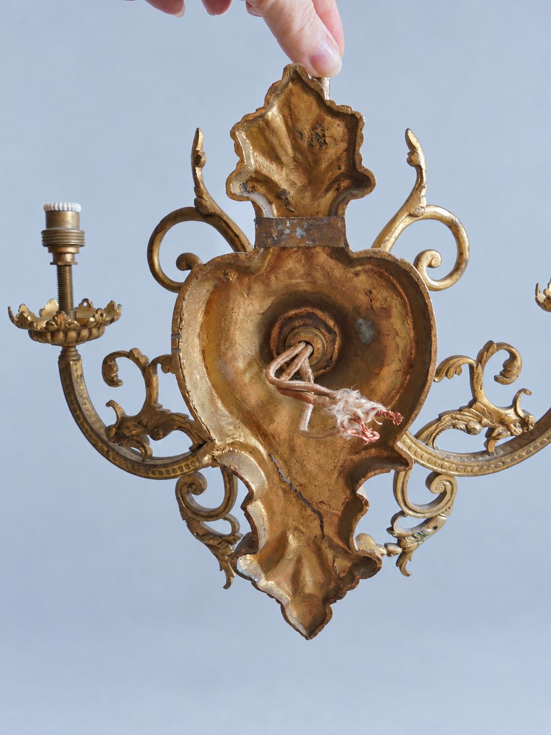 Vintage Pair of Three-Light Wall Sconces, Attributed Late 19th–Early 20th Century, Gilt Metal Beaded Arms with Chimera Brackets, 31 cm
