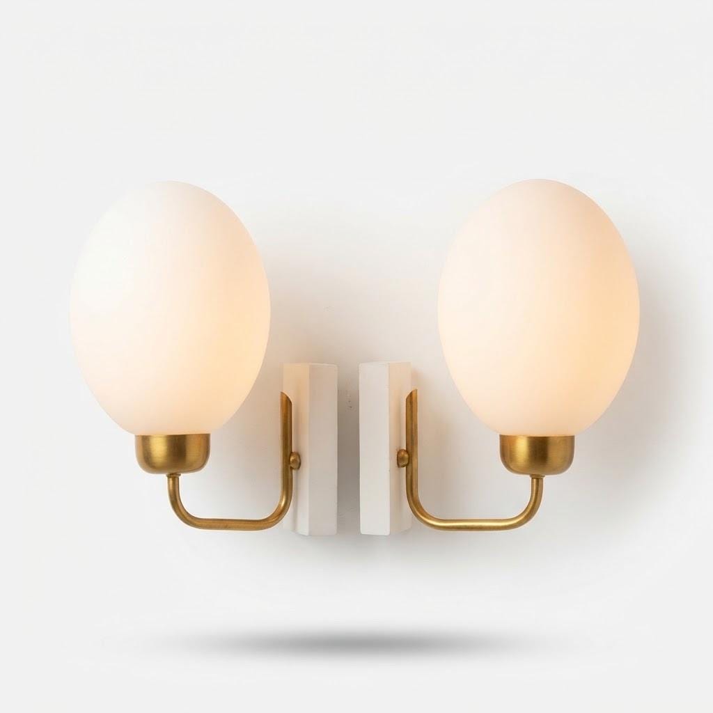 Vintage Pair of Mid-Century Egg Wall Sconces, White Opal Glass Globes on Brass Arms with White Bases, 21 cm