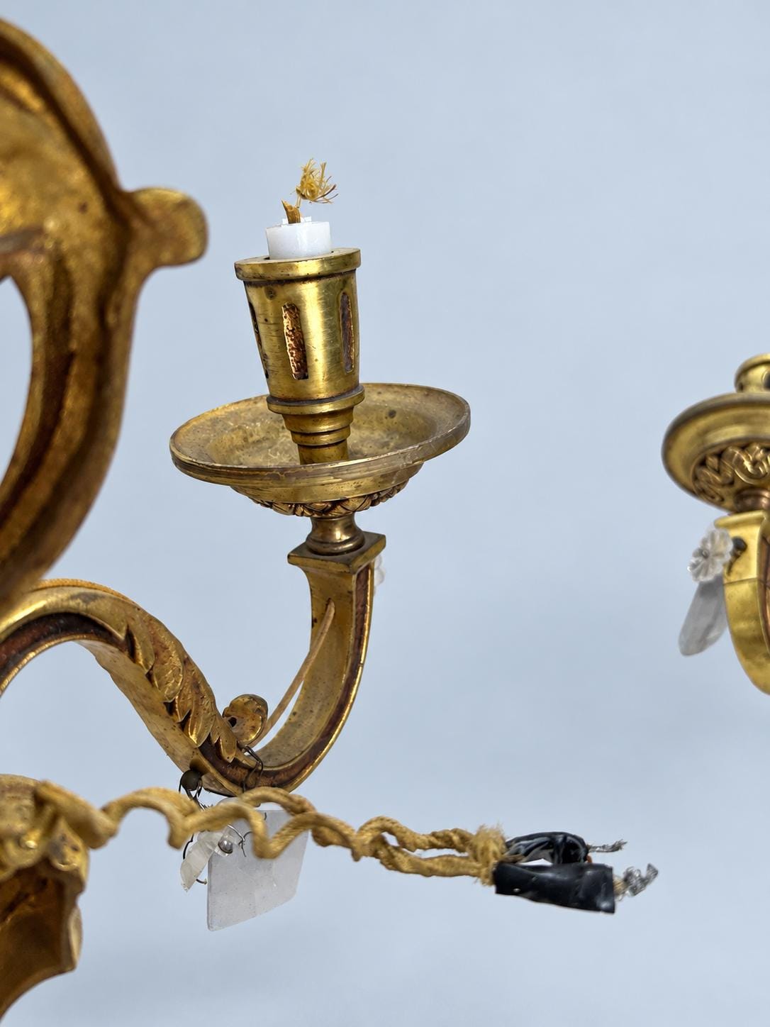 Vintage Pair of Louis XVI Style Lyre Wall Sconces, Gilt Metal with Faceted Glass Drops, Two Lights Each, 45 cm