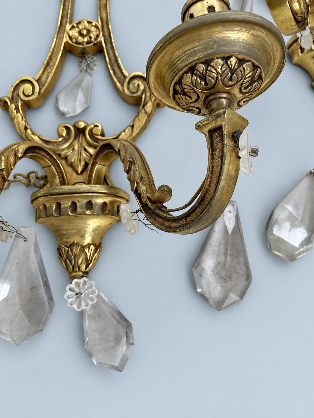 Vintage Pair of Louis XVI Style Lyre Wall Sconces, Gilt Metal with Faceted Glass Drops, Two Lights Each, 45 cm
