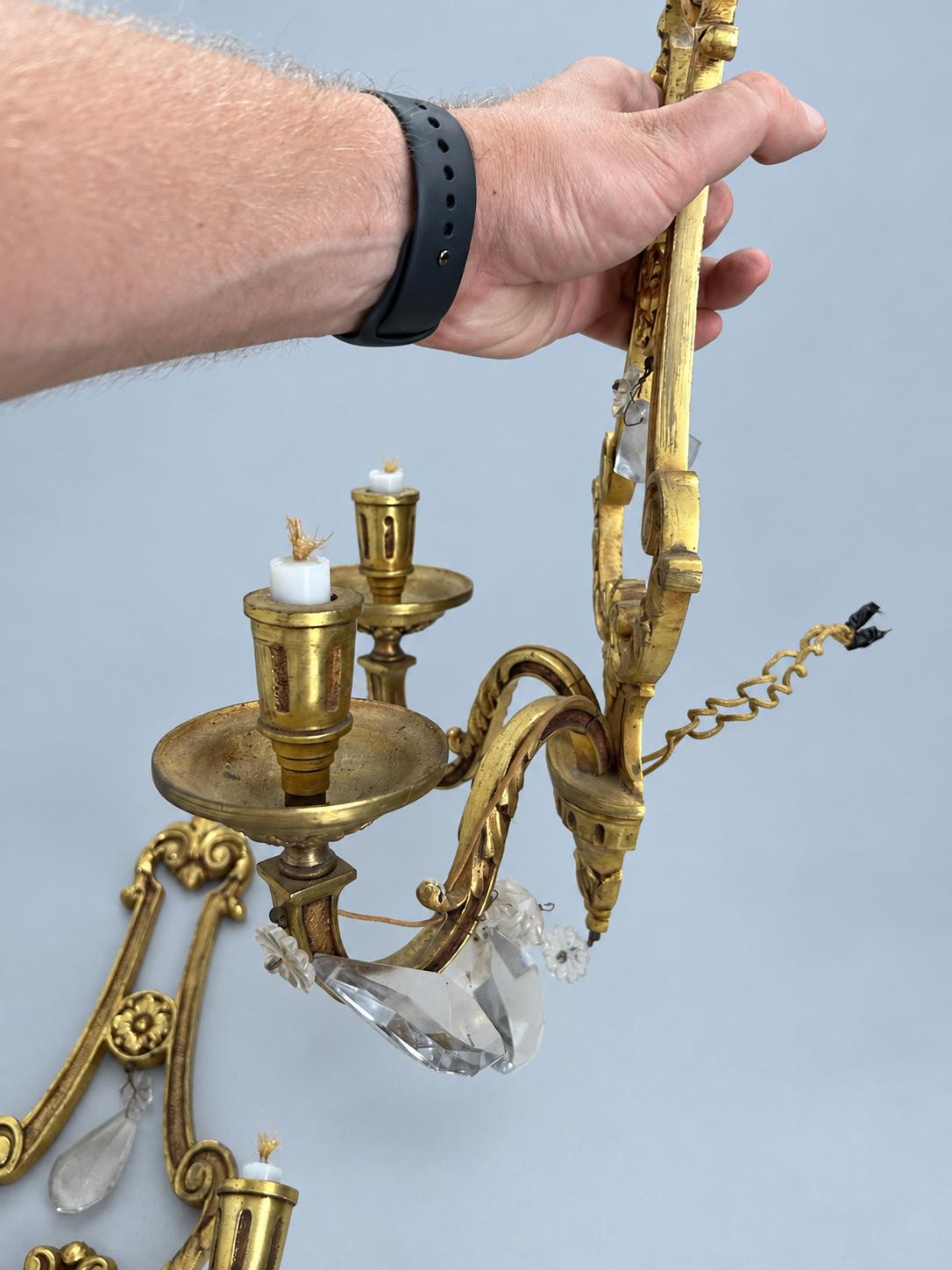 Vintage Pair of Louis XVI Style Lyre Wall Sconces, Gilt Metal with Faceted Glass Drops, Two Lights Each, 45 cm