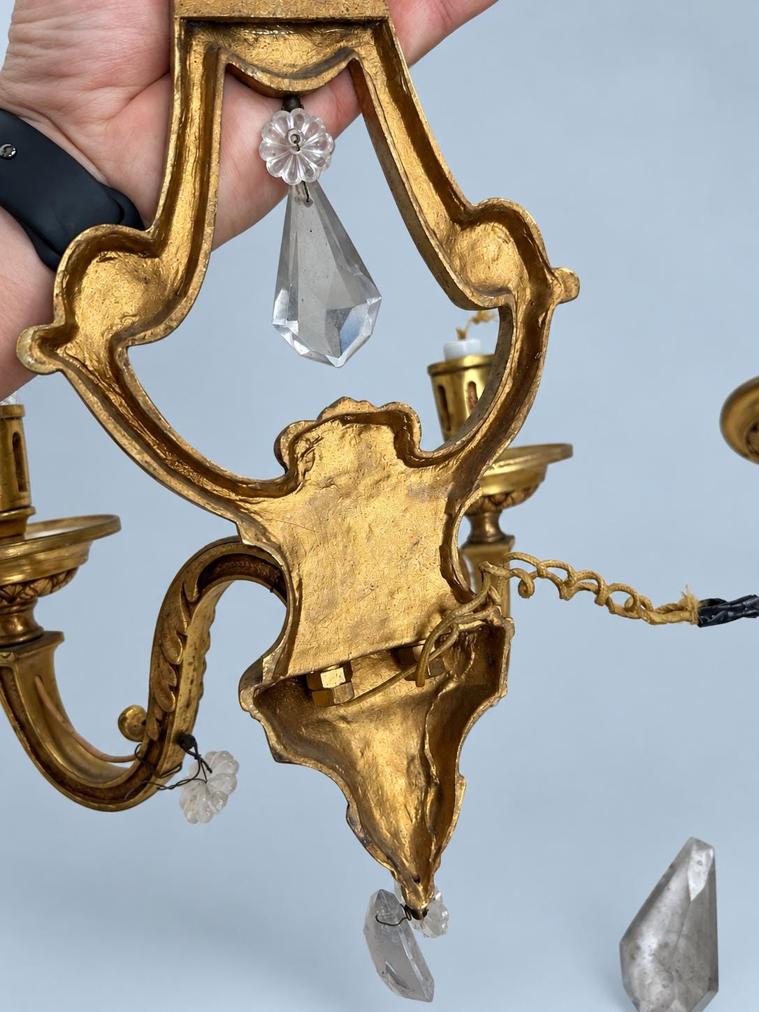 Vintage Pair of Louis XVI Style Lyre Wall Sconces, Gilt Metal with Faceted Glass Drops, Two Lights Each, 45 cm