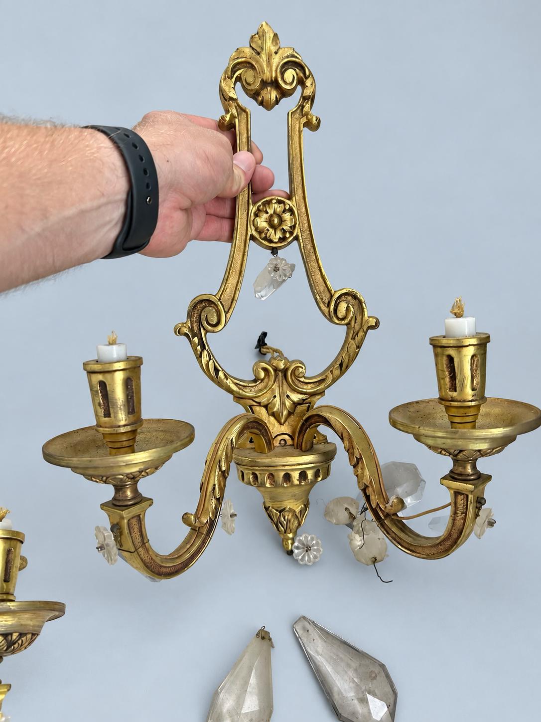 Vintage Pair of Louis XVI Style Lyre Wall Sconces, Gilt Metal with Faceted Glass Drops, Two Lights Each, 45 cm