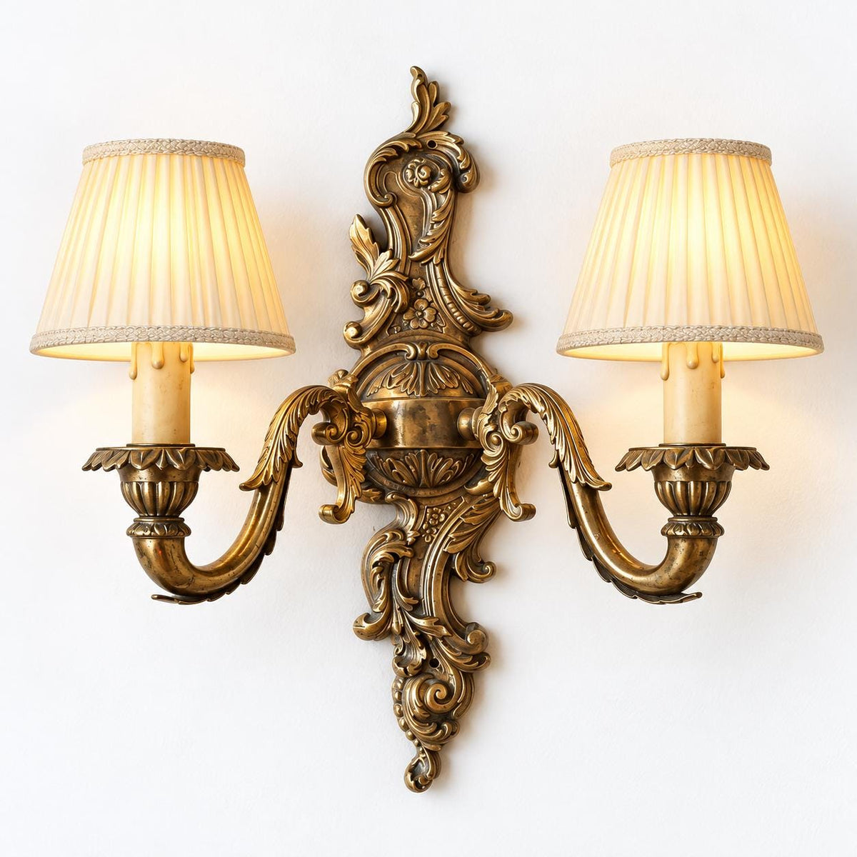 Vintage Rococo Style Two-Light Wall Sconce, Scrolled Cartouche Backplate with Acanthus Arms, 40 cm