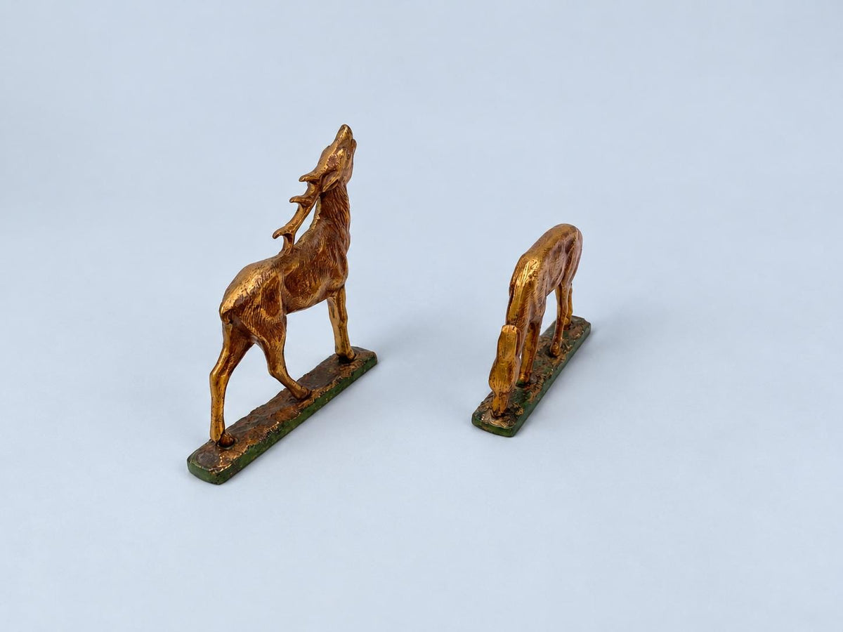 Vintage Art Deco Style Pair of Animal Figures, Bellowing Stag and Grazing Doe, Gilt Metal on Green Terraces, 9.5 cm