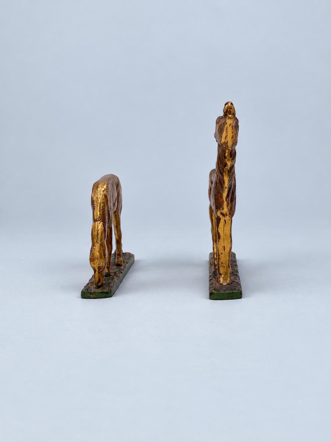 Vintage Art Deco Style Pair of Animal Figures, Bellowing Stag and Grazing Doe, Gilt Metal on Green Terraces, 9.5 cm