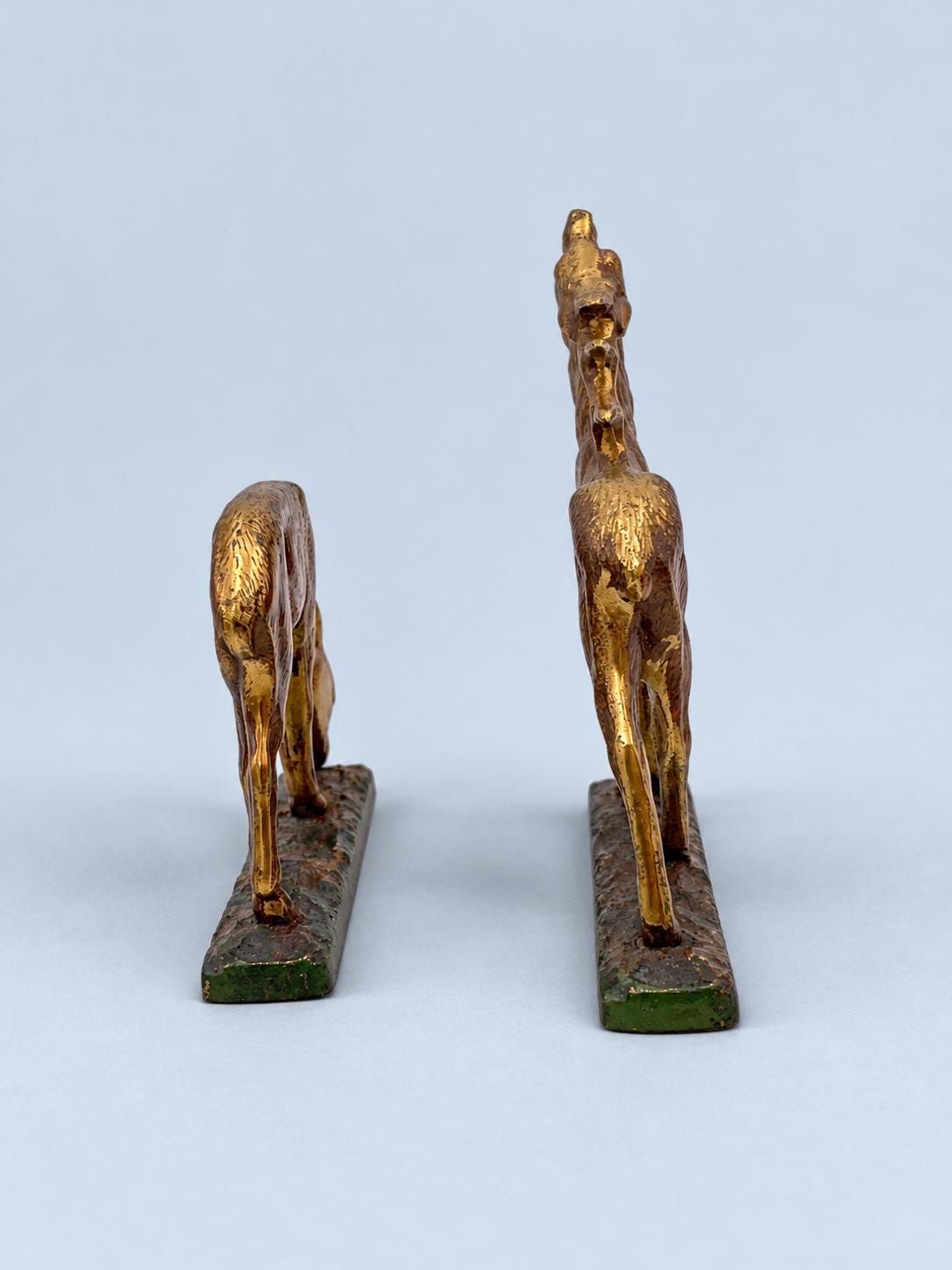 Vintage Art Deco Style Pair of Animal Figures, Bellowing Stag and Grazing Doe, Gilt Metal on Green Terraces, 9.5 cm