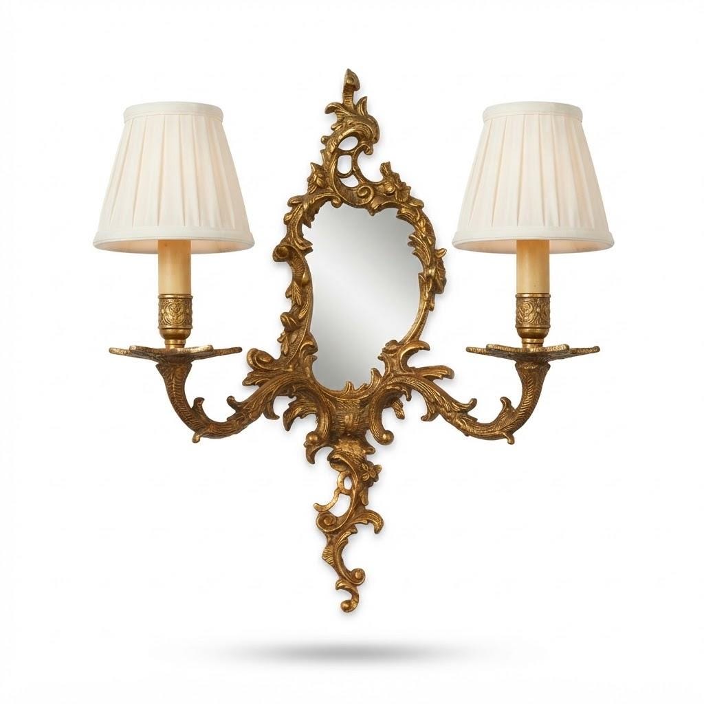 Vintage Louis XV Style Mirror Wall Sconce, Rocaille Frame with Small Mirror Plate, Two Candle Lights, 51 cm