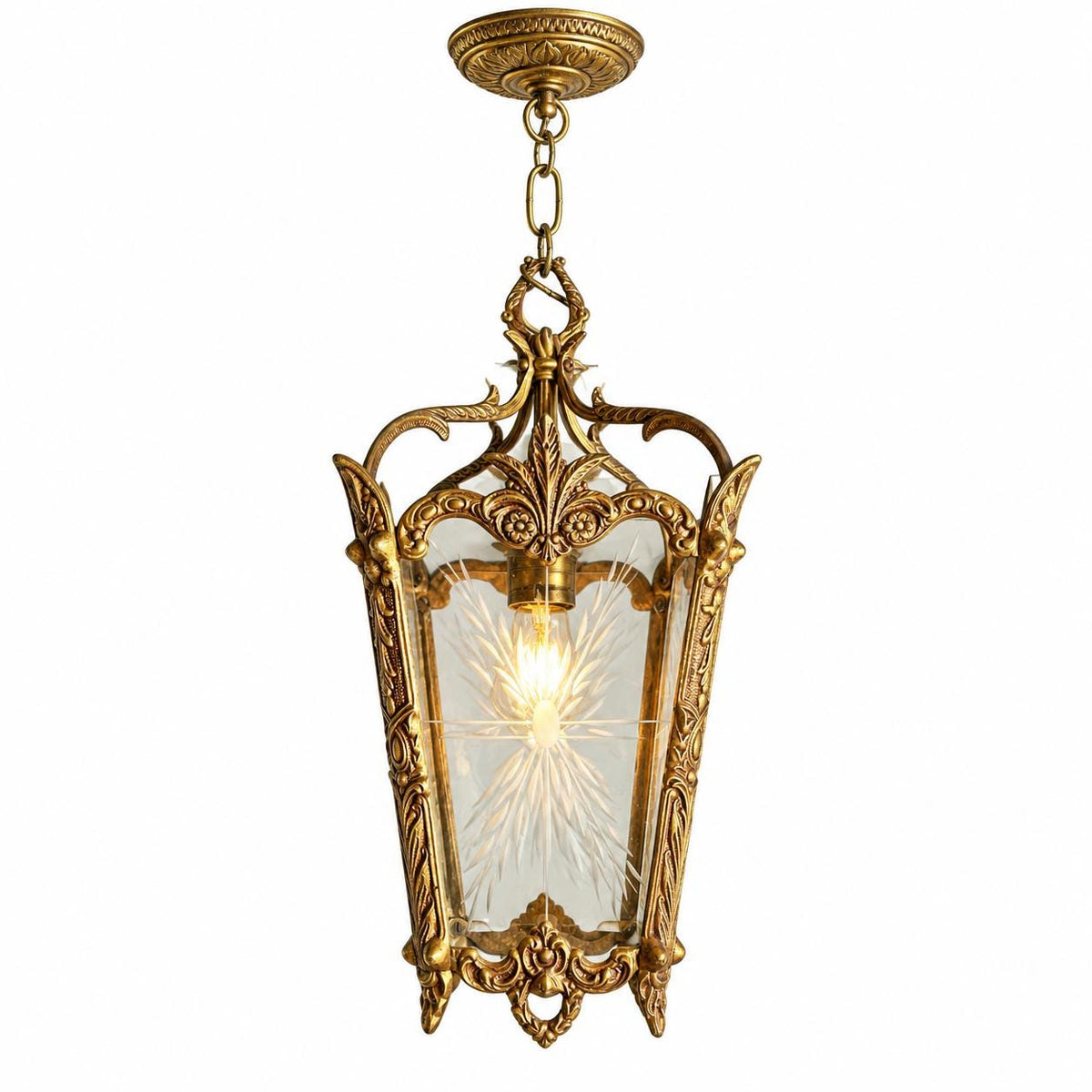 Vintage Hall Lantern Pendant with Etched Glass Panels, Brass-Tone Metal Frame with Leafy Scrolls and Palmette Crest, Chain and Canopy