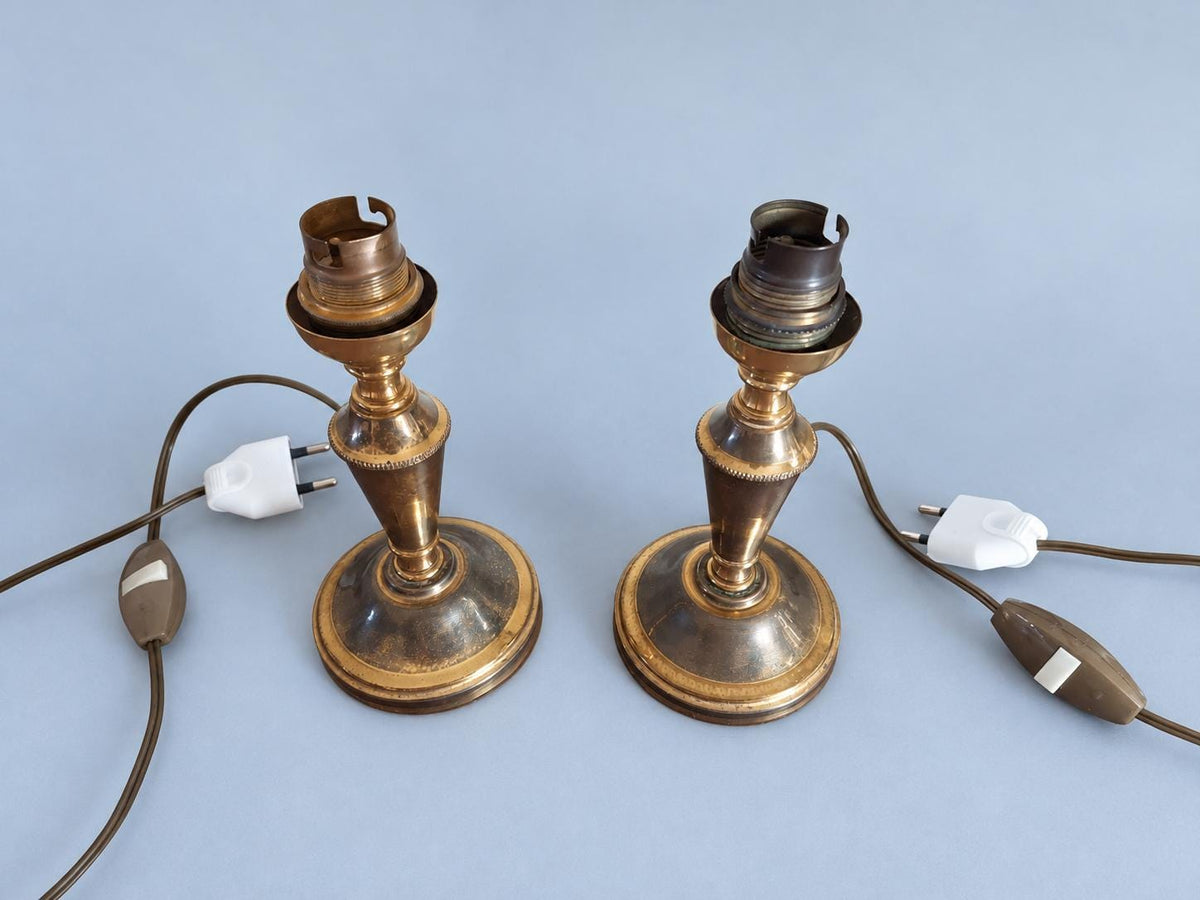 Vintage Pair of Small Brass Candlestick Table Lamps, Attributed 1930s–50s, Two-Tone Gold and Brown Patina, Sold Without Shades, 17 cm