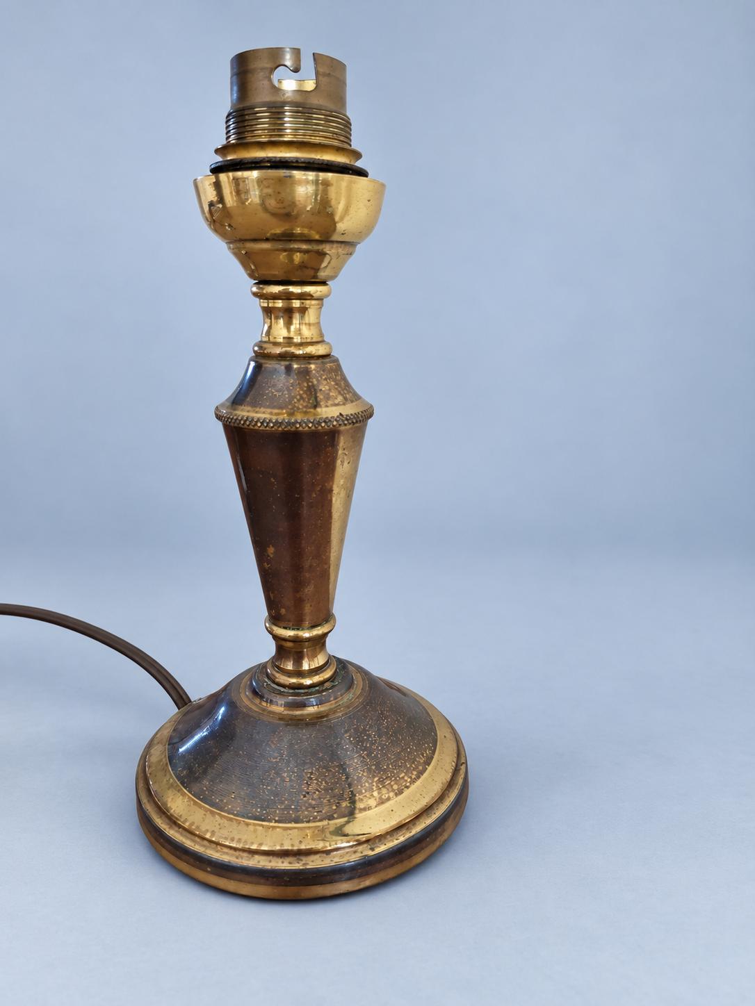 Vintage Pair of Small Brass Candlestick Table Lamps, Attributed 1930s–50s, Two-Tone Gold and Brown Patina, Sold Without Shades, 17 cm
