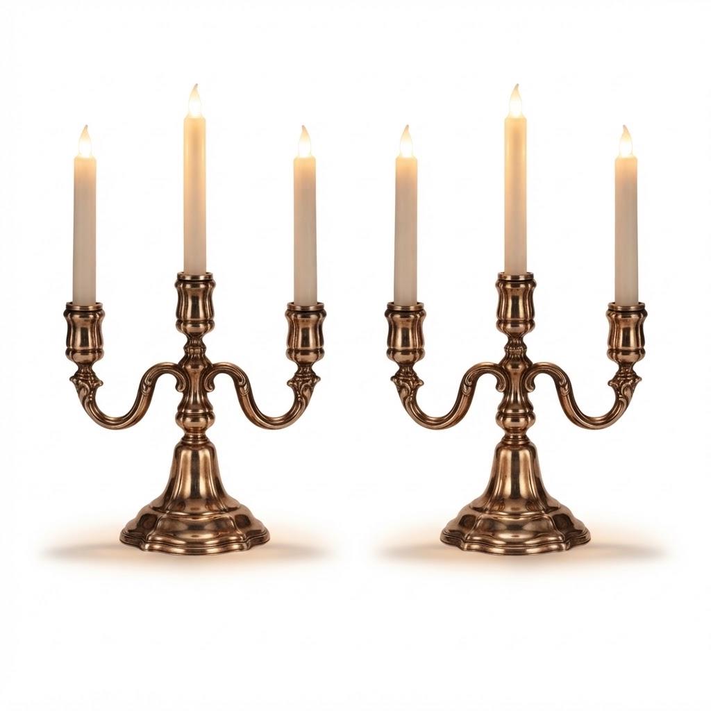 Vintage Pair of Silver-Tone Three-Light Candelabra, Baroque Style Lobed Bases and Scroll Arms, Low Table Height, 19.5 cm