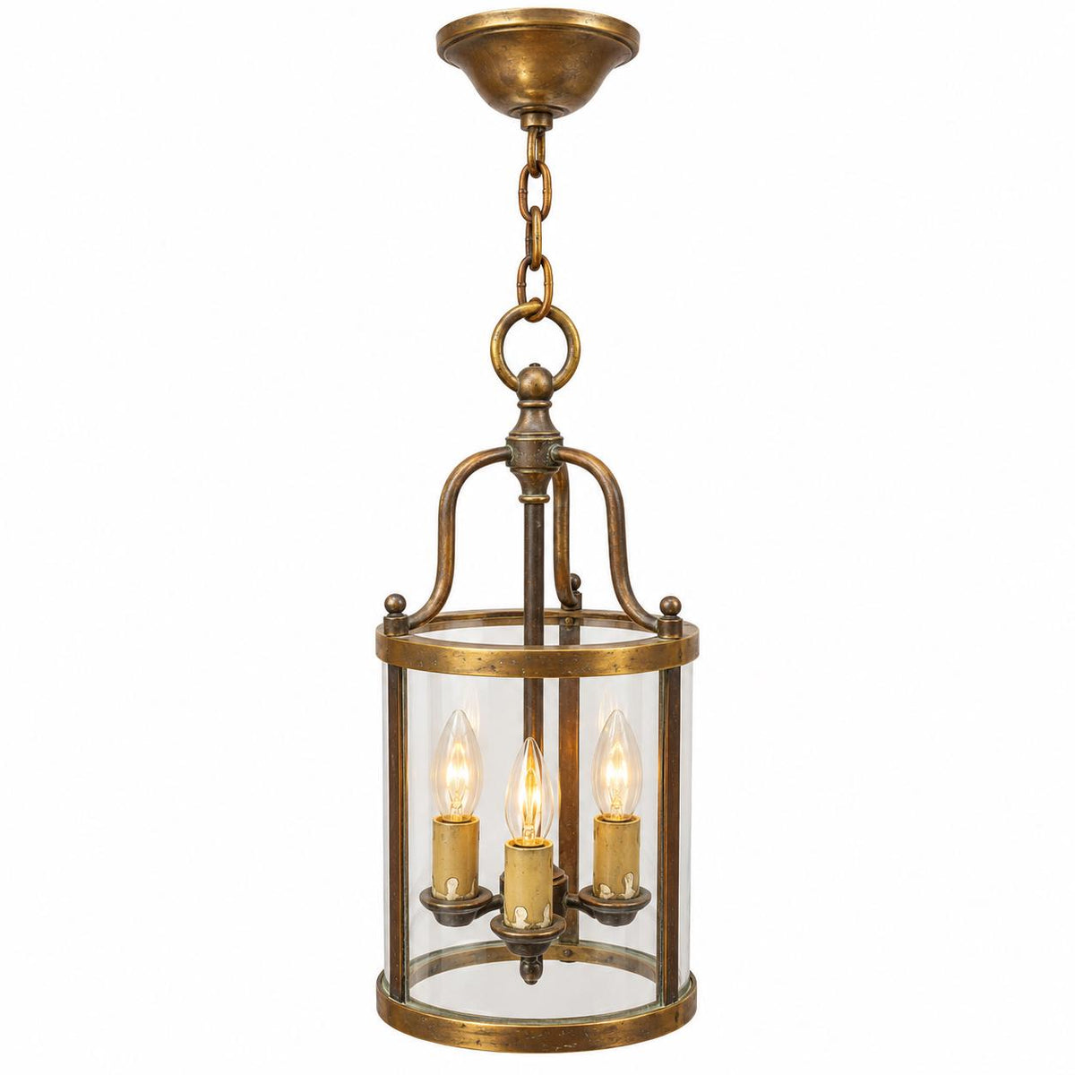 Vintage Directoire Style Brass Hall Lantern, Glass Cylinder Pendant with Three Lights, Chain and Canopy, 62 cm