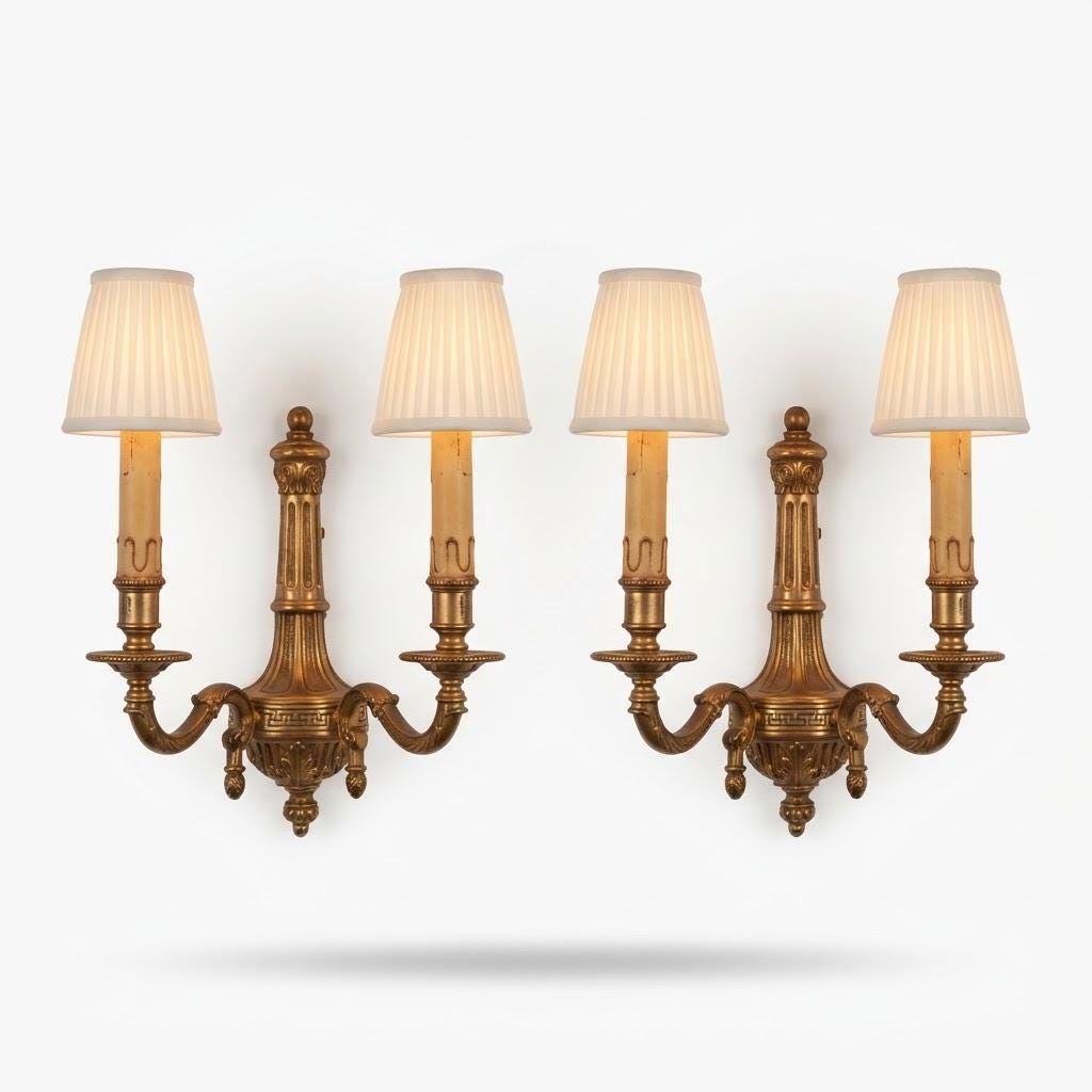 Vintage Pair of Louis XVI Style Wall Sconces, Gilt Metal Fluted Column with Greek Key Band and Pine Cone Drops, Two Lights Each, 30 cm