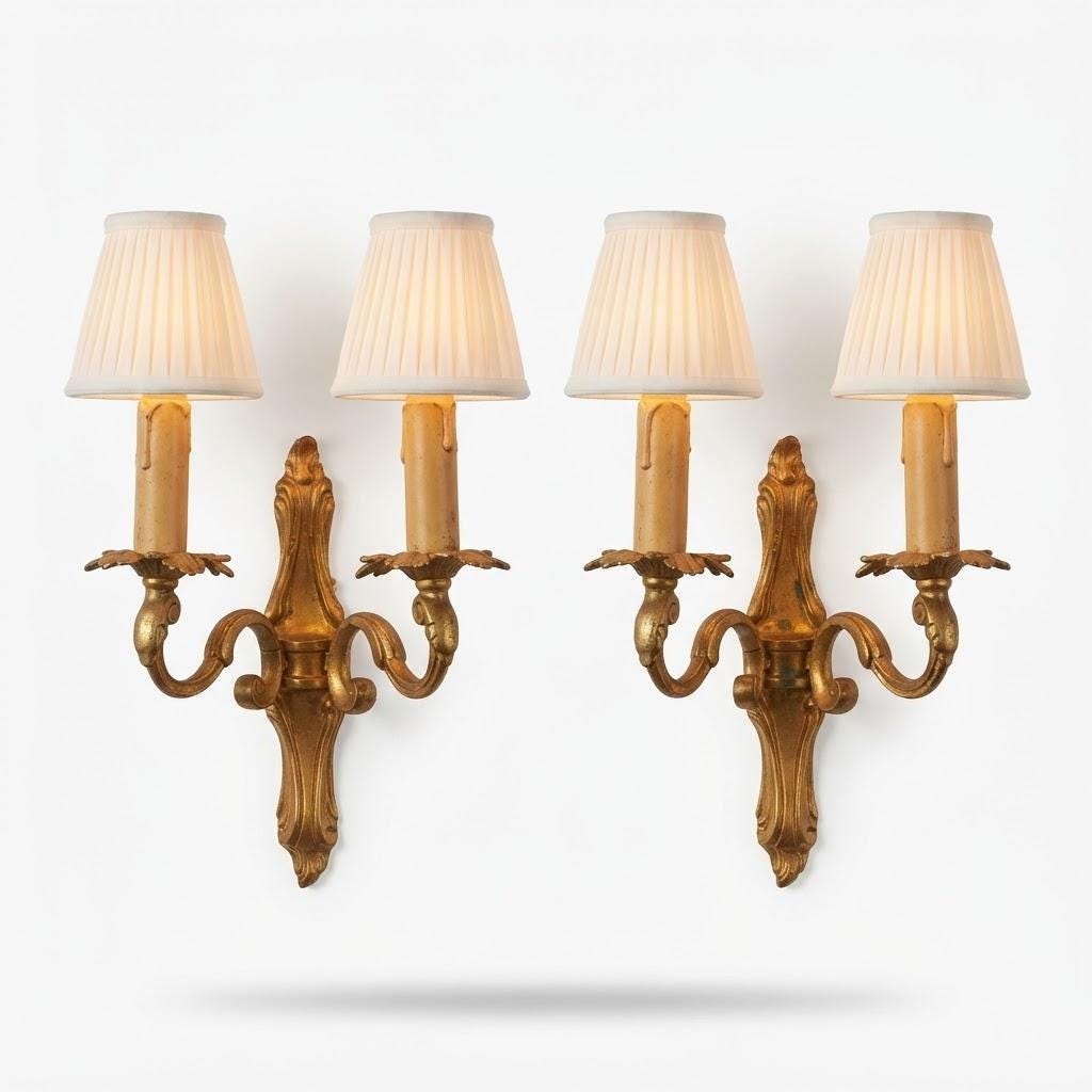 Vintage Pair of Louis XV Style Wall Sconces, Gilt Metal Scrolled Arms with Leafy Bobèches, Two Lights Each