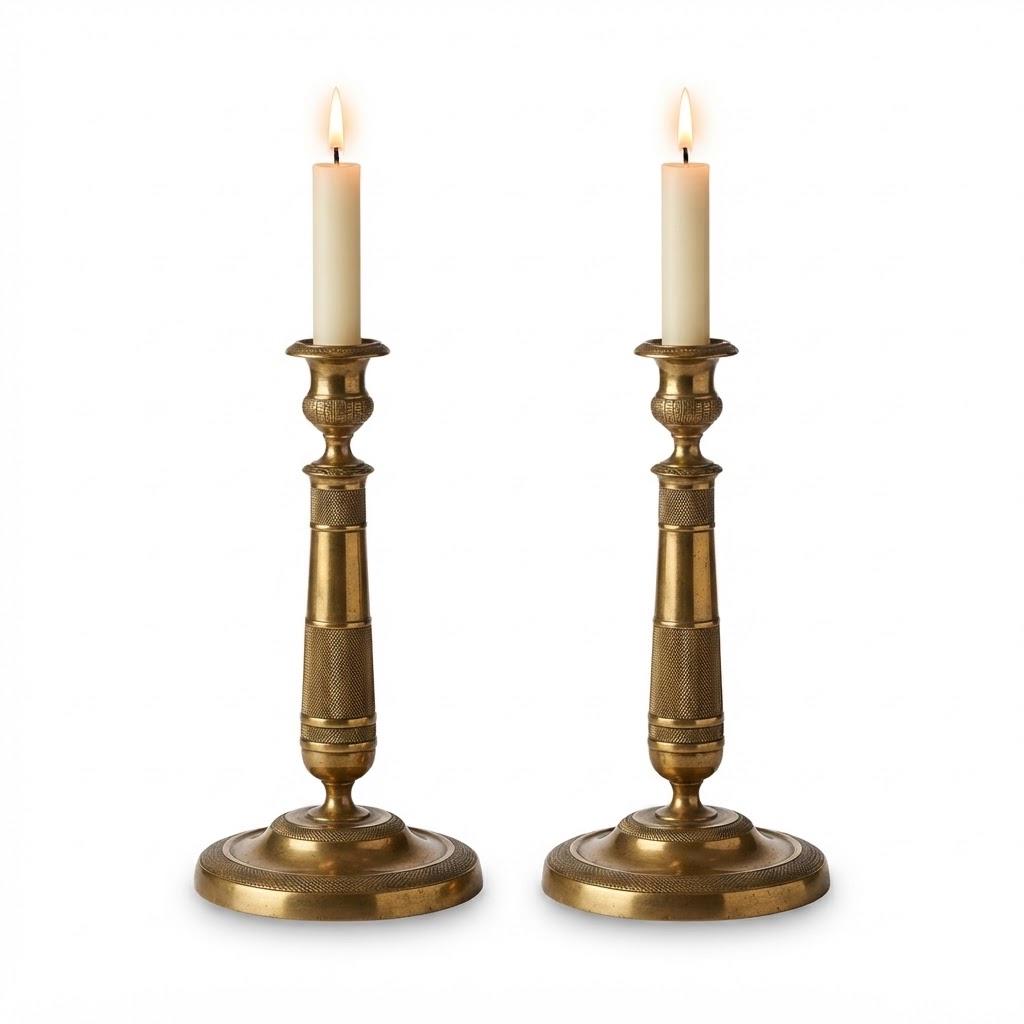 Vintage Pair of Empire Style Column Candlesticks, Attributed 19th Century, Gilt Metal with Foliate Bands and Urn Nozzles, 27.5 cm