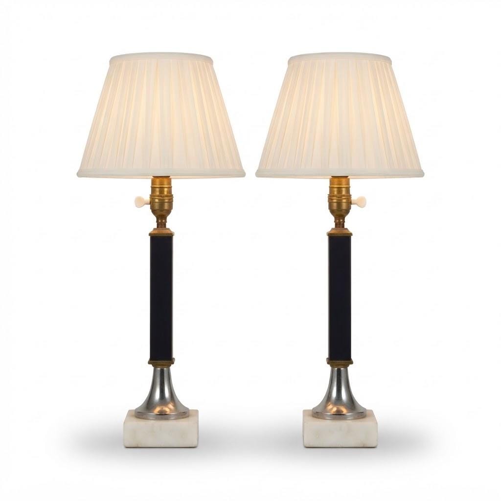Vintage Pair of Table Lamps, Attributed 1960s–70s, Navy Blue Columns on Chrome and White Marble Bases, Sold Without Shades